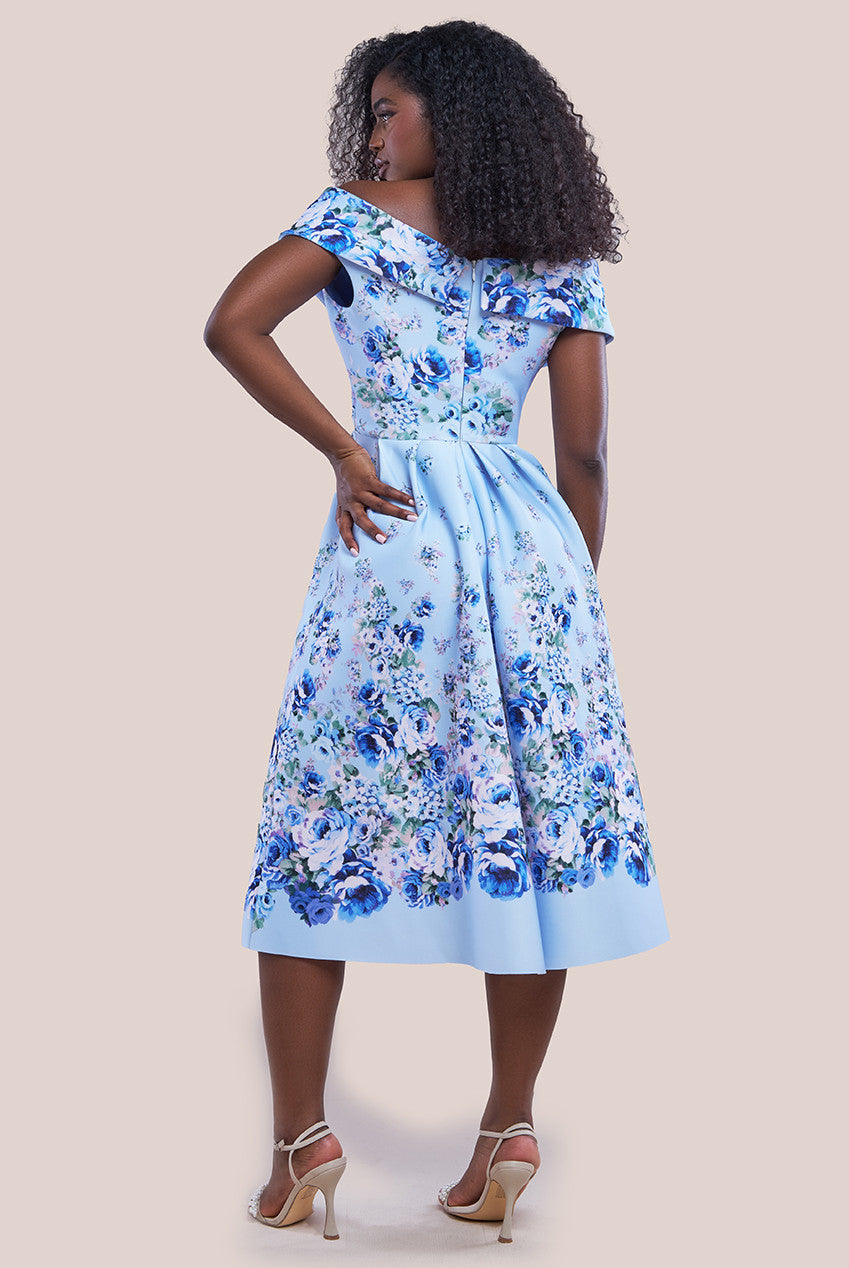Bardot Floral Print A-Line Scuba Foam Midi Dress - Blue DR4228