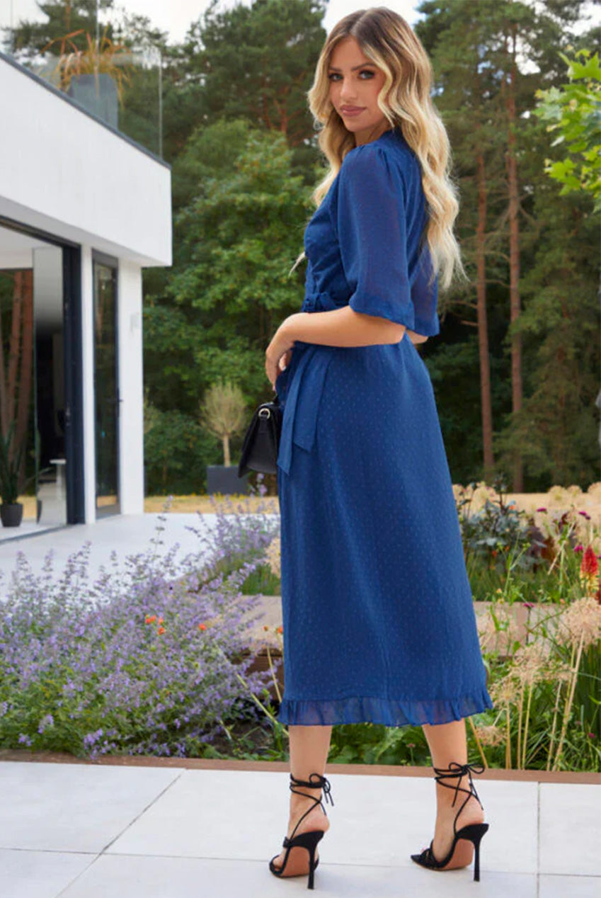 Short Sleeve Dobby Wrap Midi Dress In Cobalt IK002COB