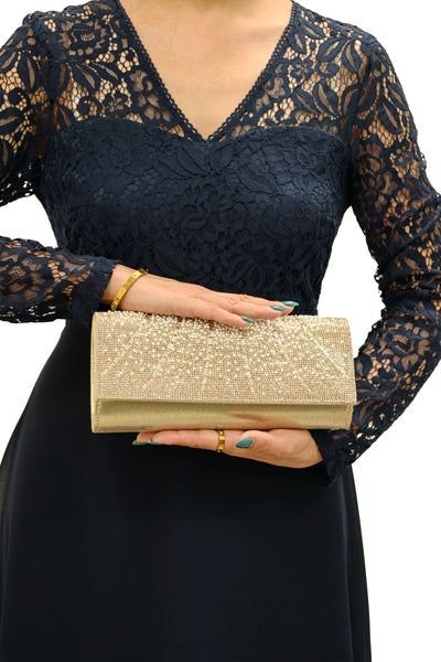 Gold - Rhinestone Embellished Clutch Bag by Double Second