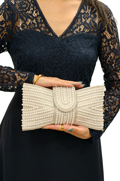 Silver - Pearl Bow Clutch Bag by Double Second