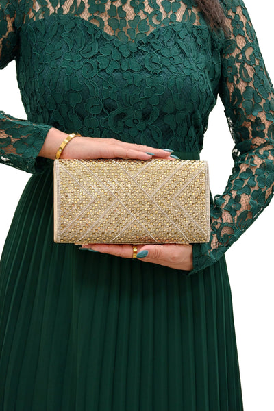 Gold - Rhinestone Embellished Box Clutch Bag by Double Second