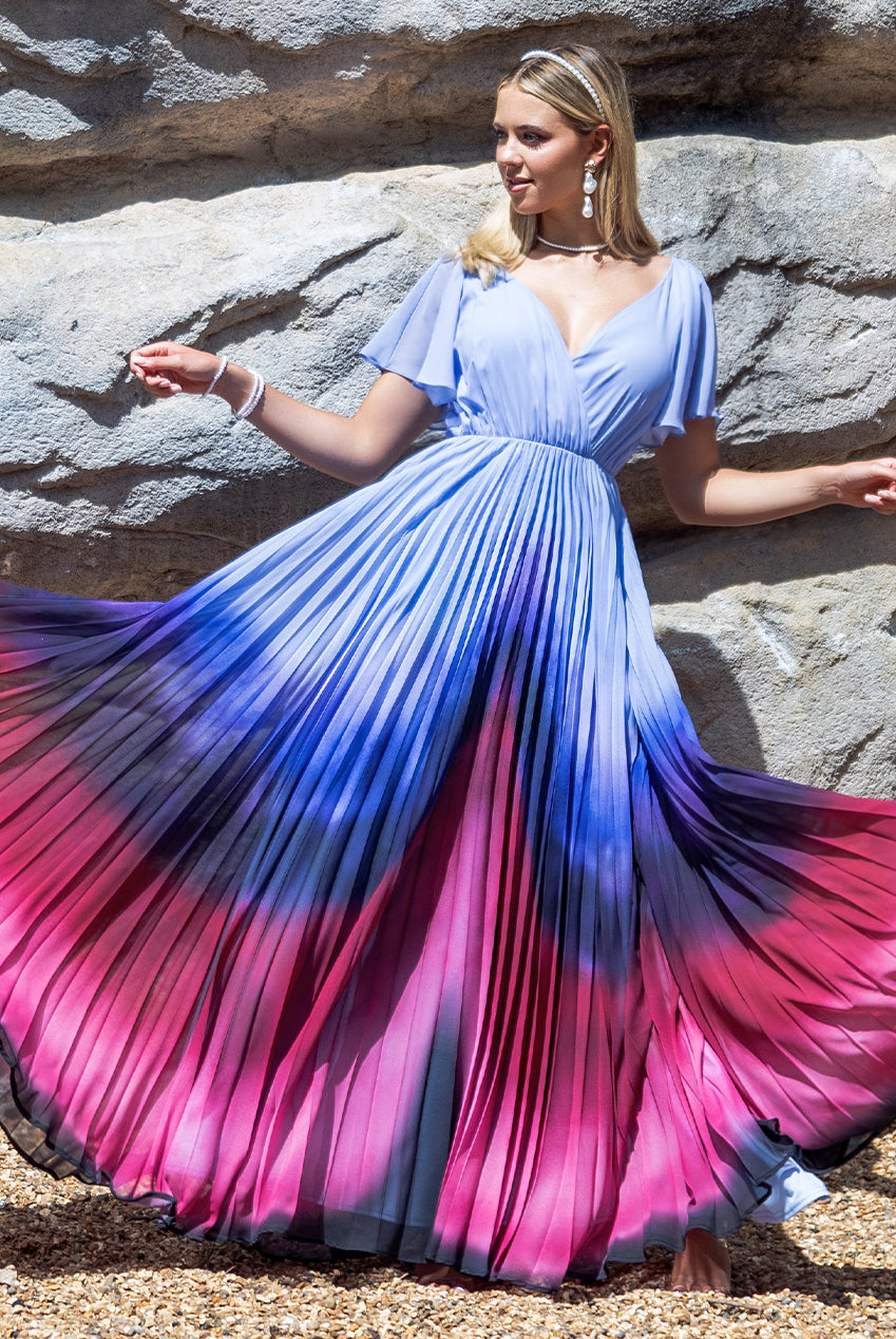 Wavy Ombre A-Line Chiffon Maxi Dress - Blue DR4207