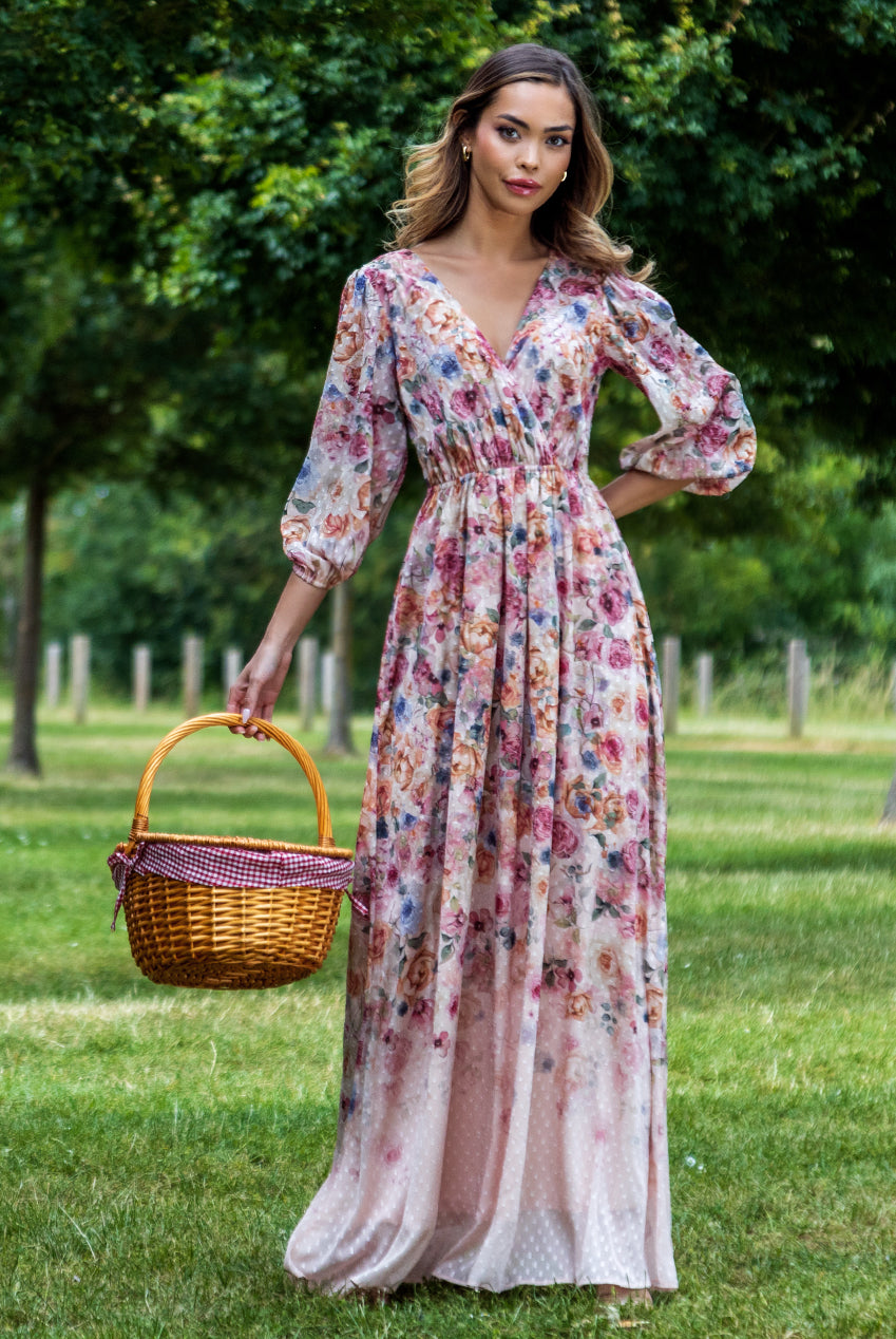 Ombre Floral Printed Wrap Maxi Dress - Ivory DR4373