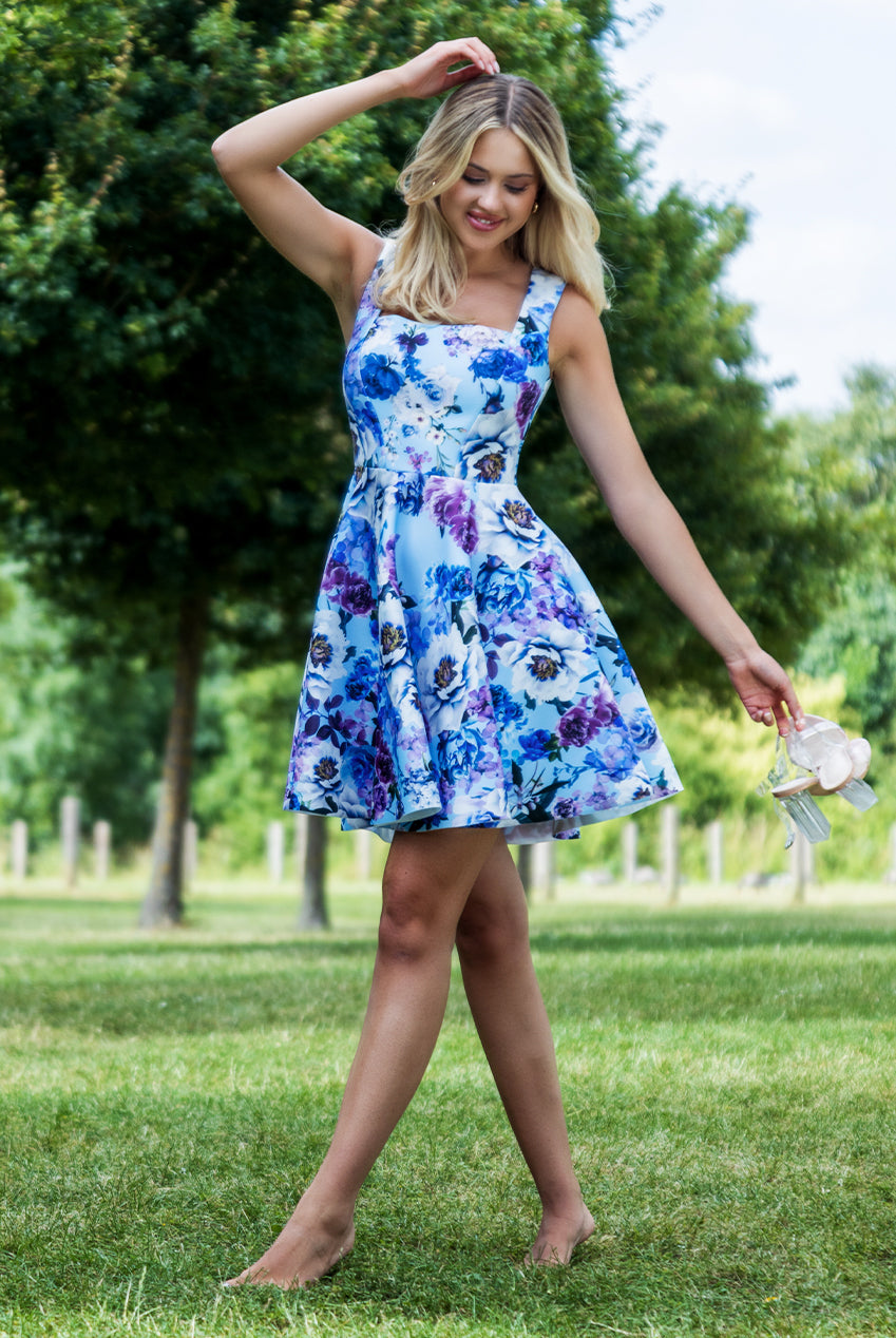 Scuba Foam Floral Skater Mini Dress - Blue DR3509