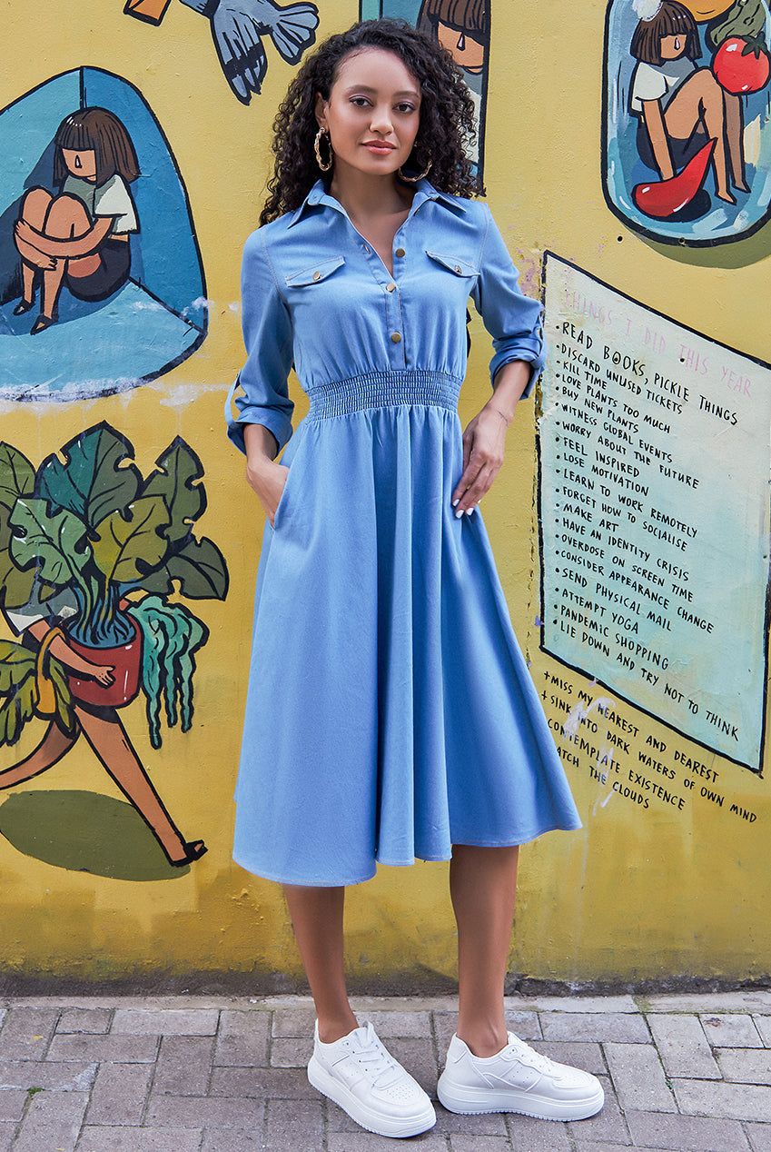 Denim Flared Midi Shirt Dress - Sky Denim DR4119