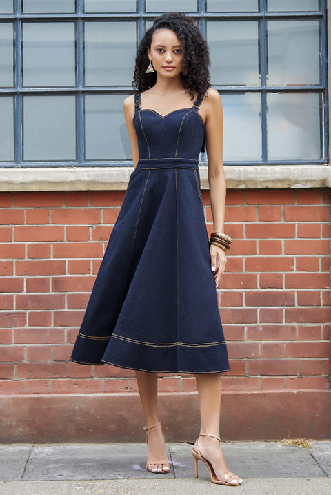 Denim Buckle Strap A-line Midi Dress - Navy Denim DR4127