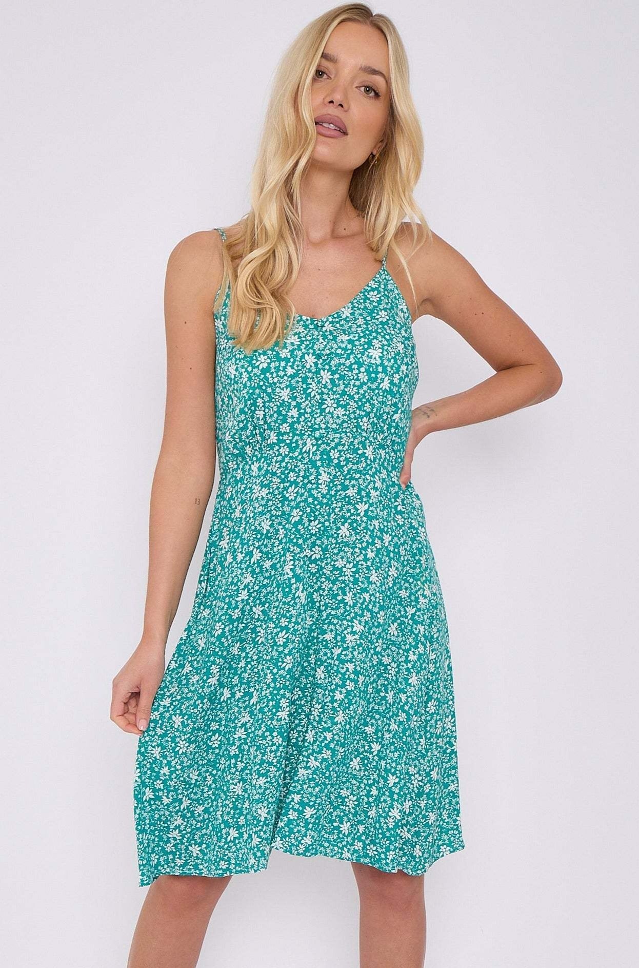 Green Floral Print Strap Mini Dress LS-2420-PW4