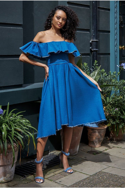Blue Denim - Denim Frilled Bardot High Low Dress - Blue Denim by Goddiva
