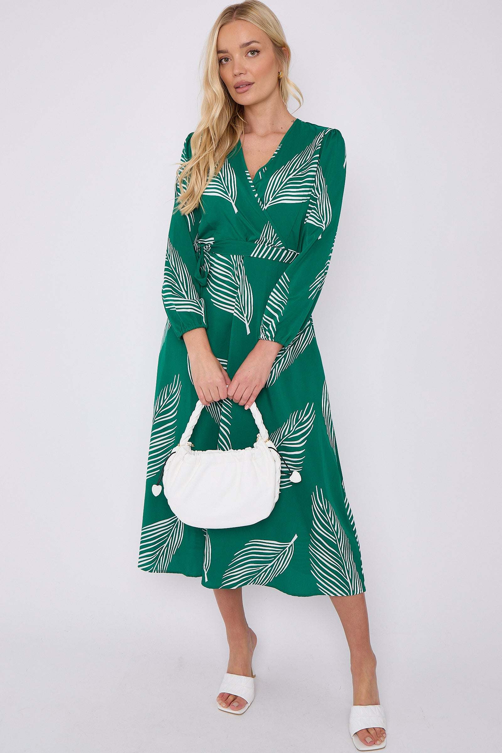 Green Plam Leaf Printed V Neck Midi Dress LS-2258-GH11