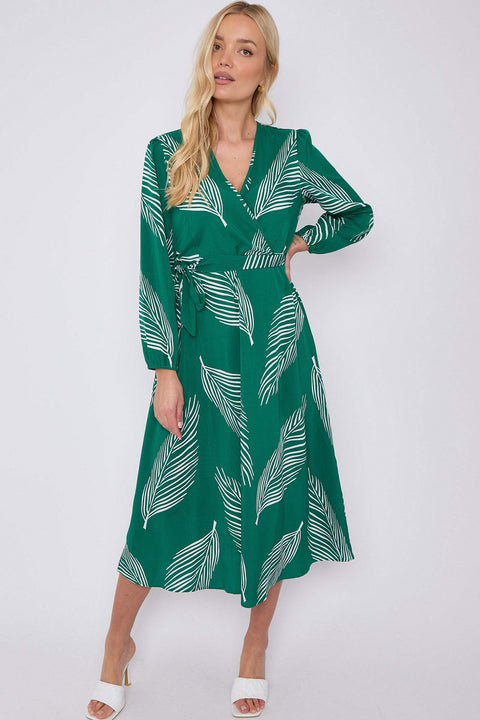 Green Plam Leaf Printed V Neck Midi Dress LS-2258-GH11