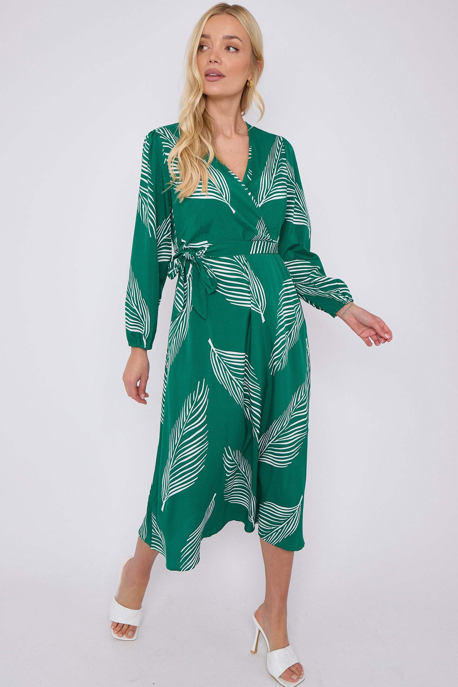 Green Plam Leaf Printed V Neck Midi Dress LS-2258-GH11