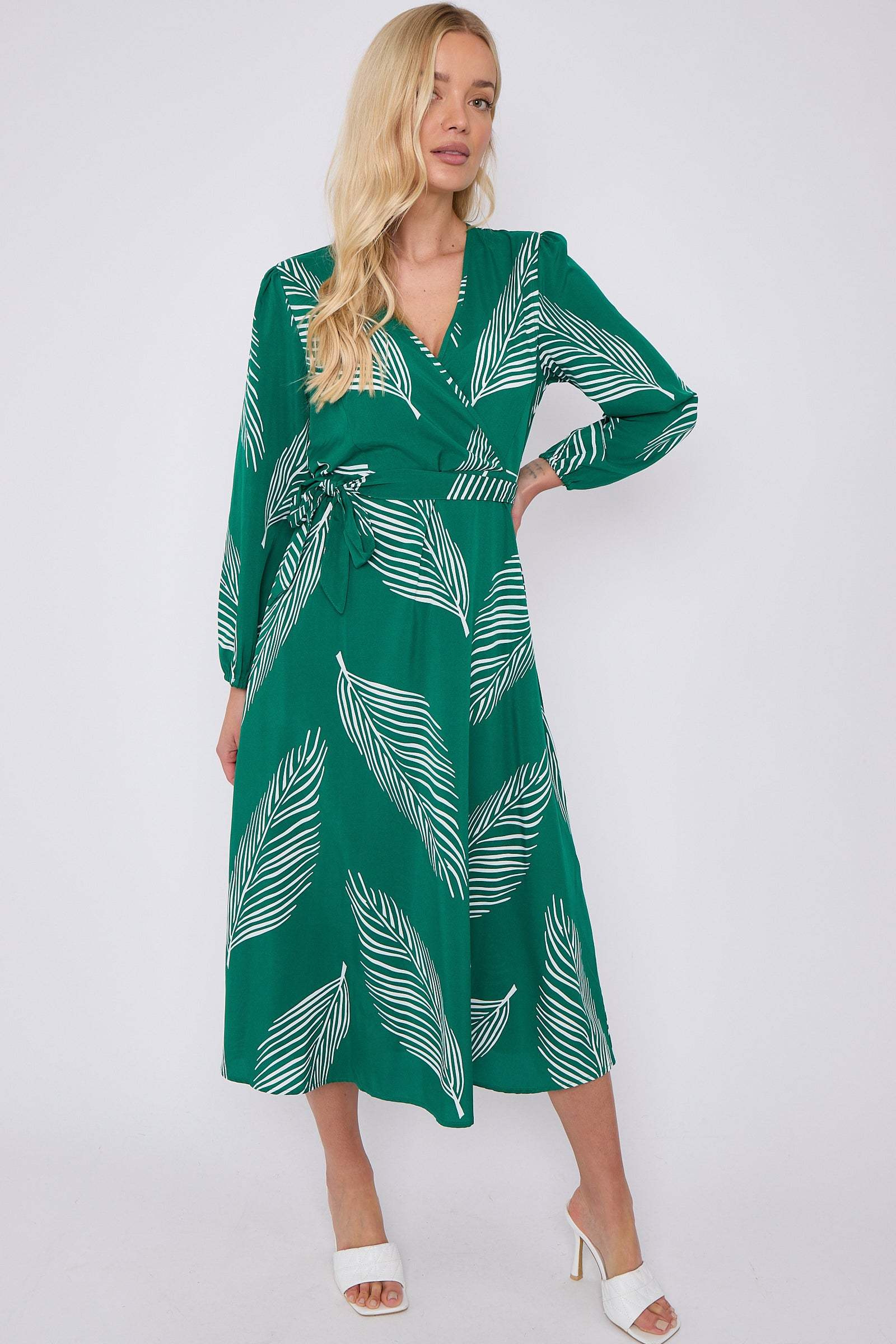 Green Plam Leaf Printed V Neck Midi Dress LS-2258-GH11