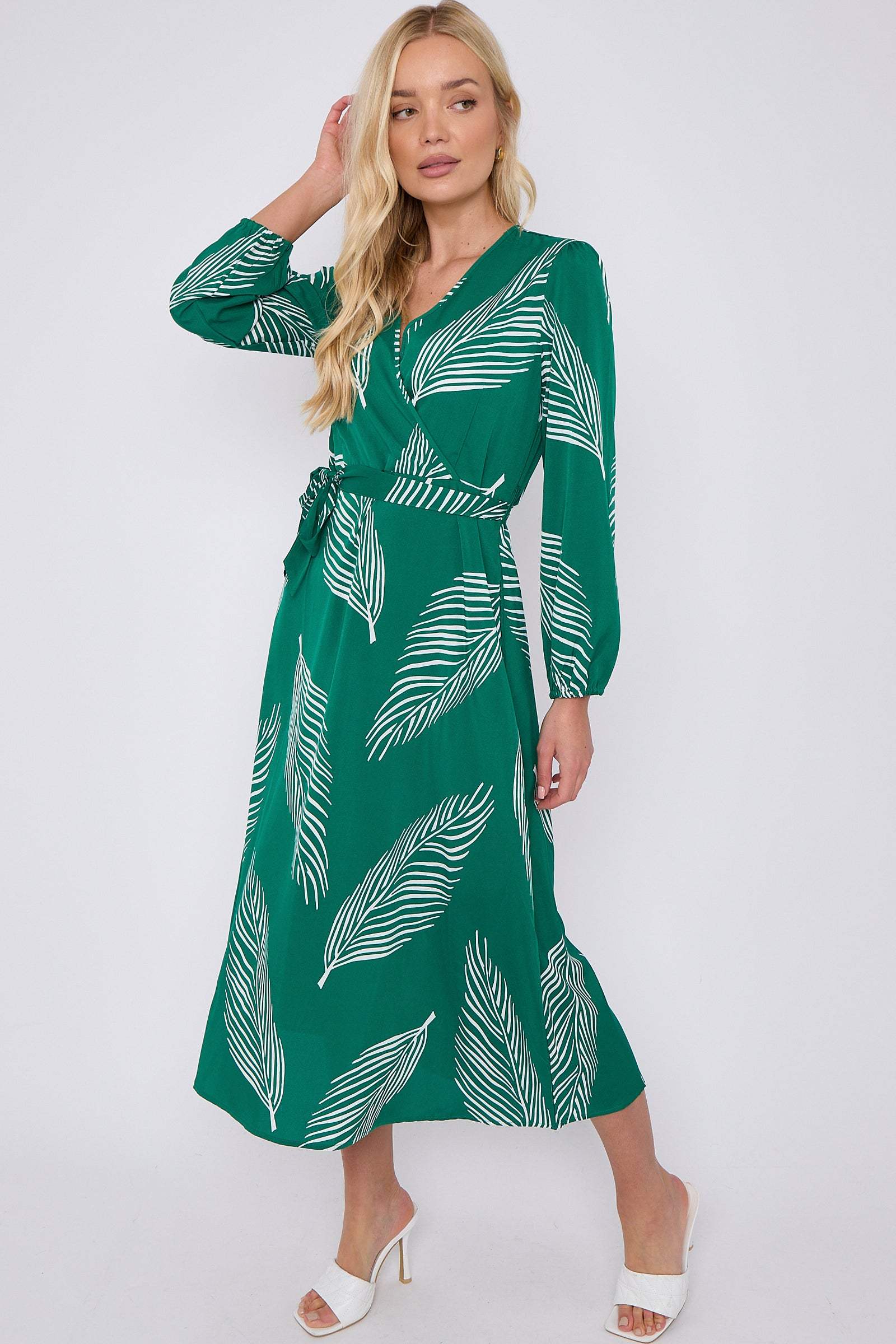 Green Plam Leaf Printed V Neck Midi Dress LS-2258-GH11