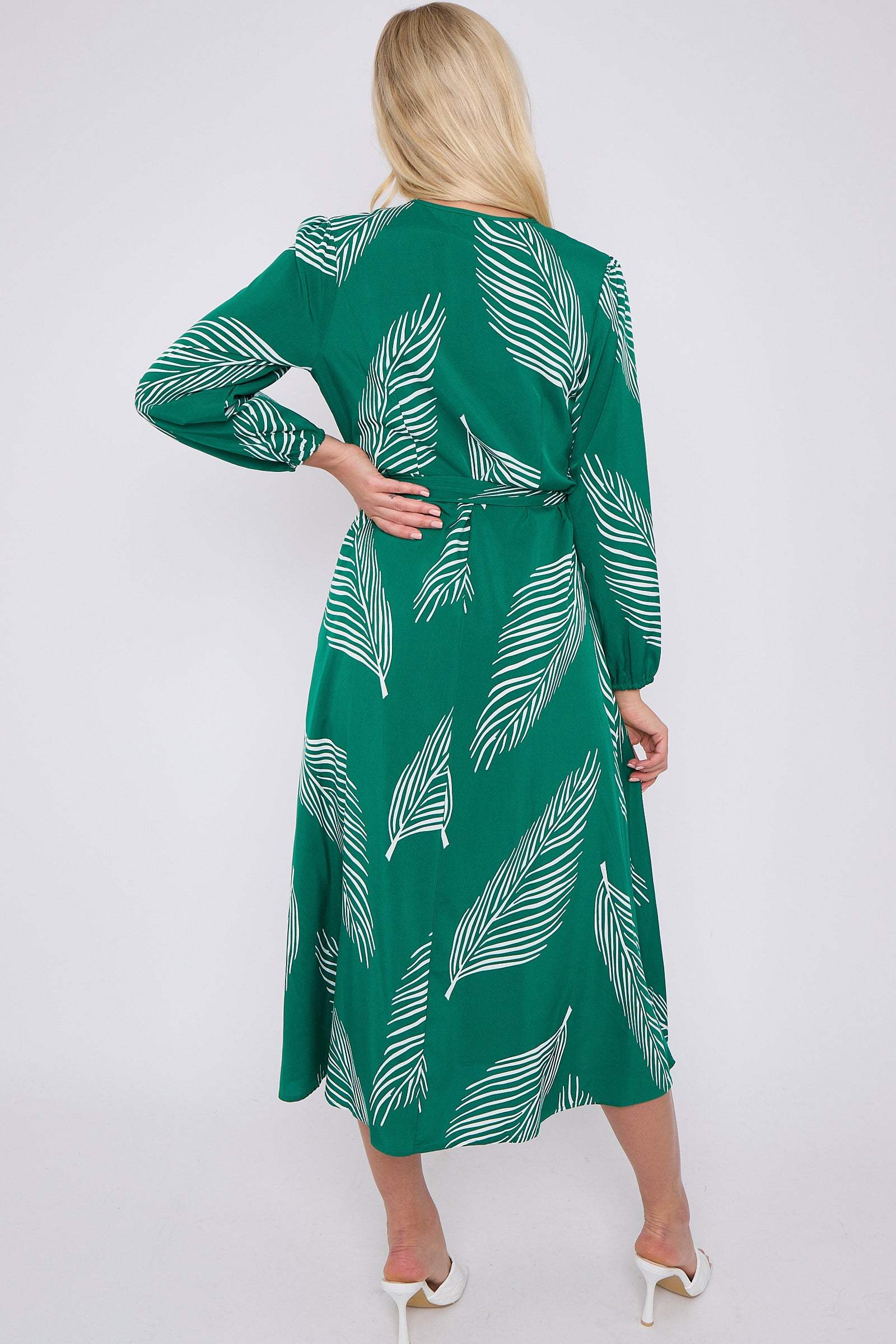 Green Plam Leaf Printed V Neck Midi Dress LS-2258-GH11