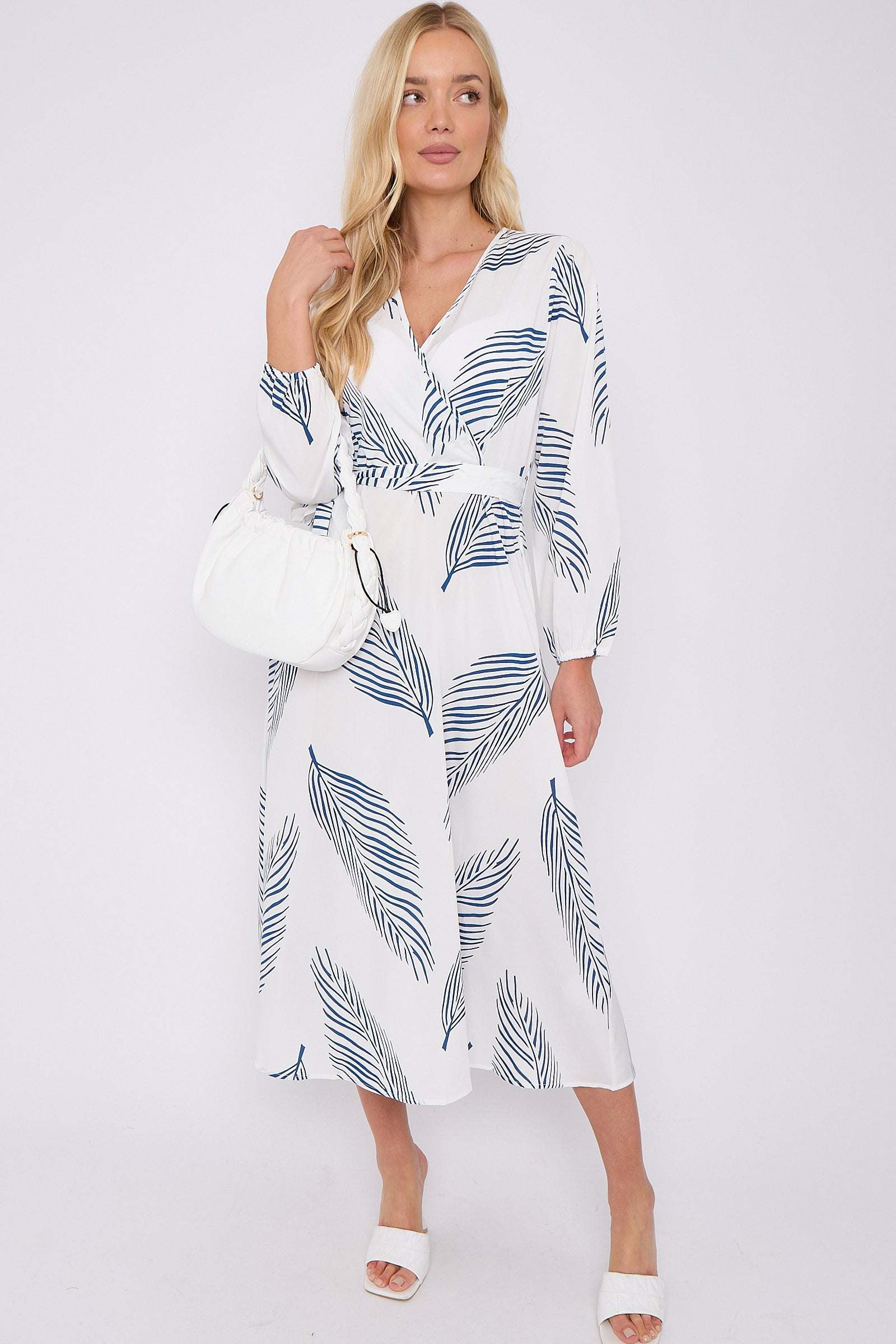 White Plam Leaf Printed V Neck Midi Dress LS-2258-GH12