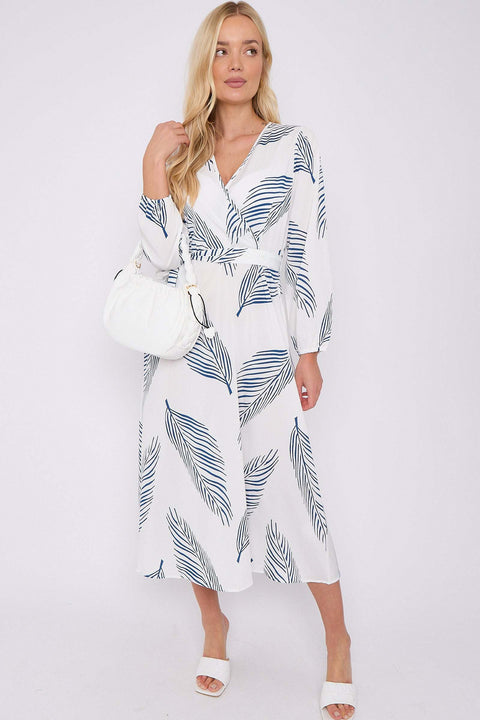 White Plam Leaf Printed V Neck Midi Dress LS-2258-GH12