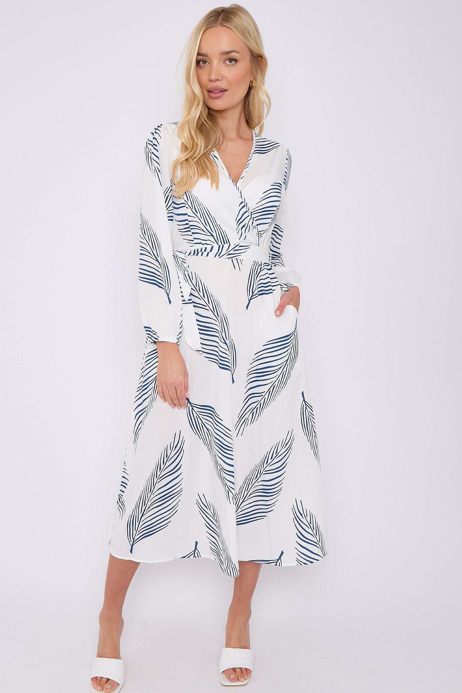 White Plam Leaf Printed V Neck Midi Dress LS-2258-GH12