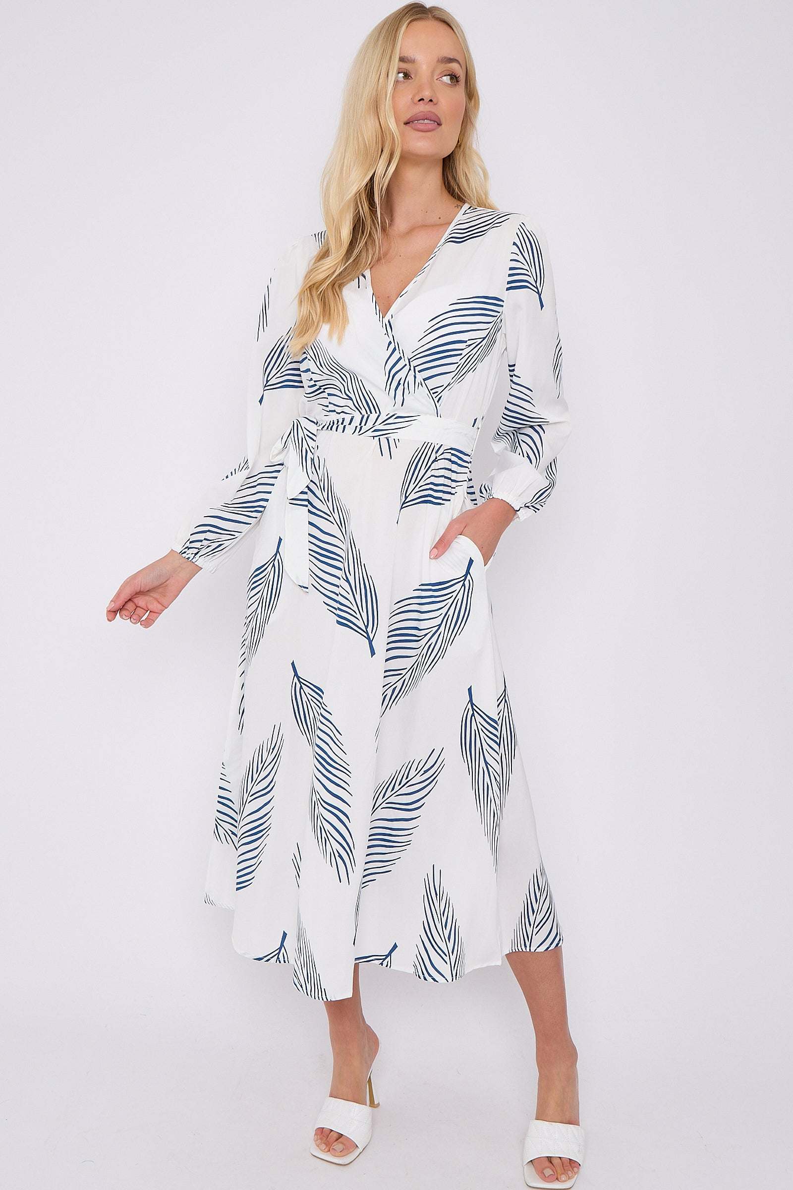 White Plam Leaf Printed V Neck Midi Dress LS-2258-GH12