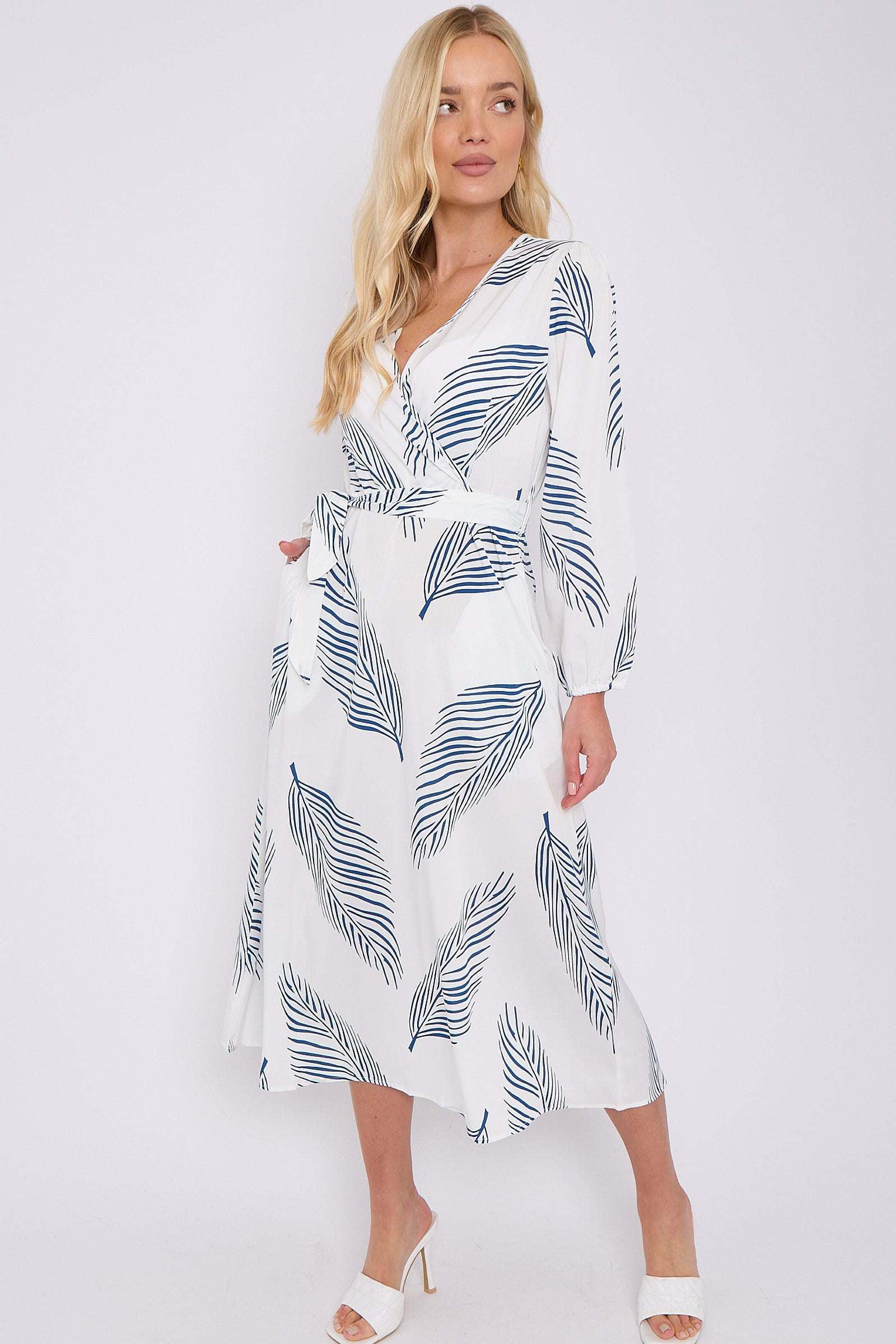 White Plam Leaf Printed V Neck Midi Dress LS-2258-GH12