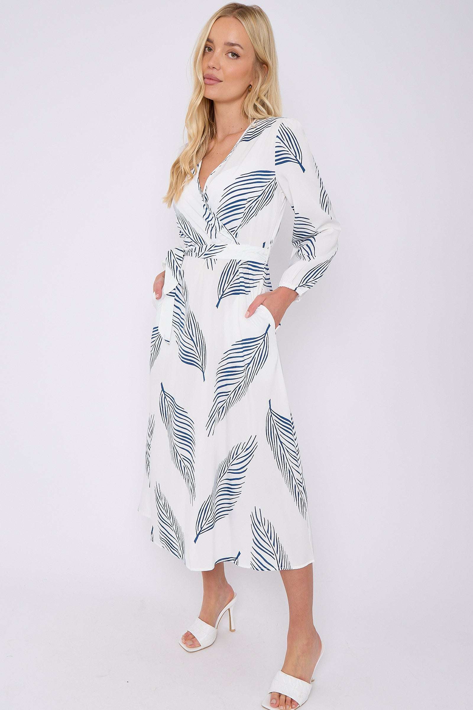 White Plam Leaf Printed V Neck Midi Dress LS-2258-GH12