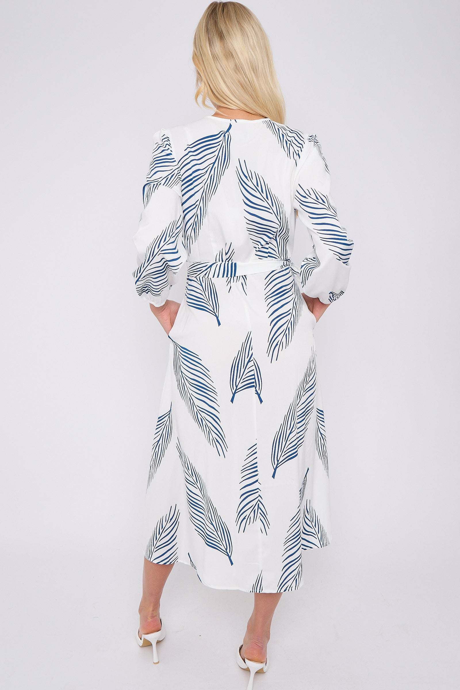 White Plam Leaf Printed V Neck Midi Dress LS-2258-GH12