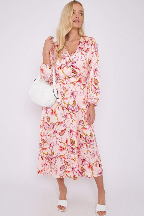 LOVE SUNSHINE Pink Floral Printed V Neck Midi Dress