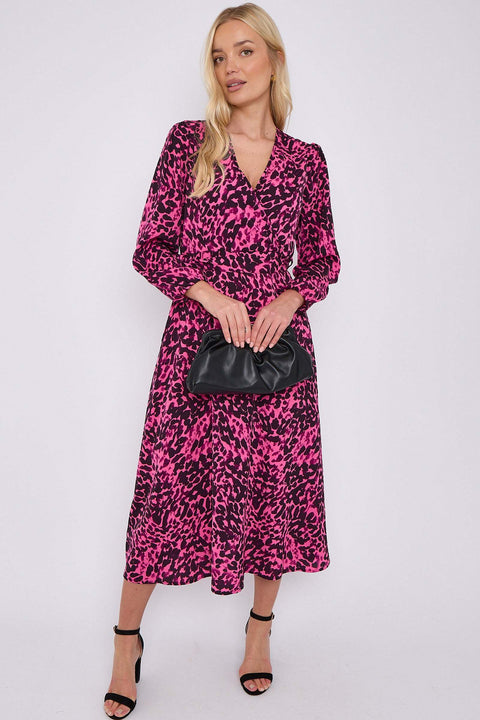 Fuchsia Leopard Printed V Neck Midi Dress LS-2258-GH10