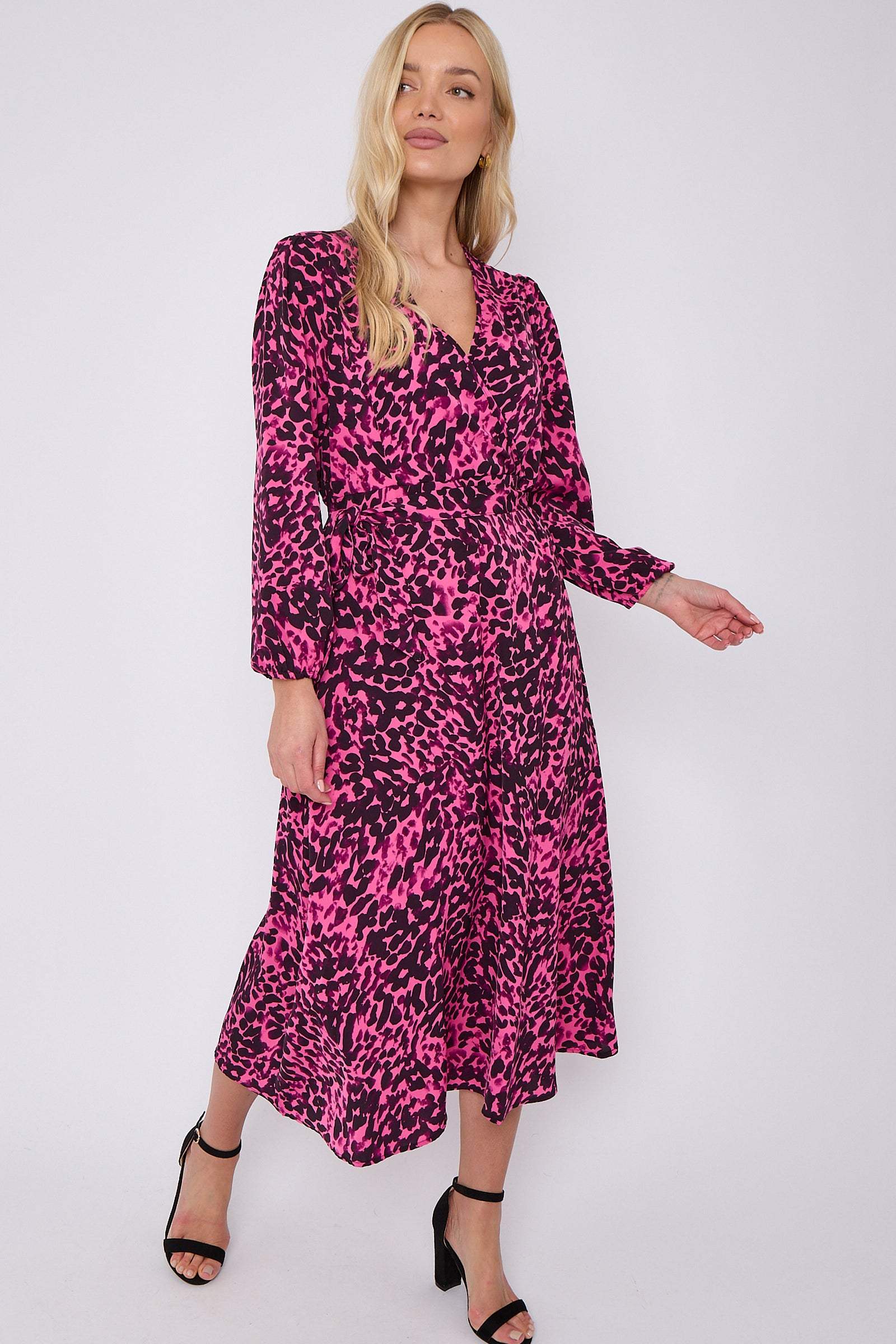 Fuchsia Leopard Printed V Neck Midi Dress LS-2258-GH10