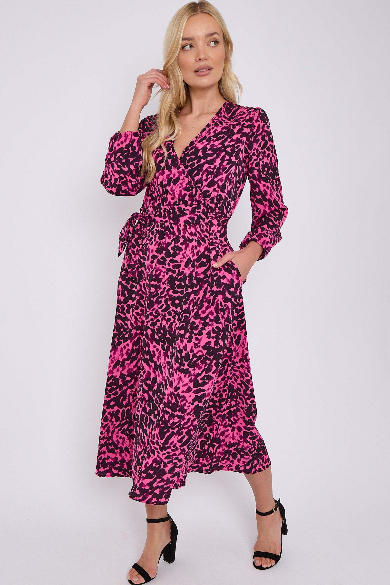 Fuchsia Leopard Printed V Neck Midi Dress LS-2258-GH10