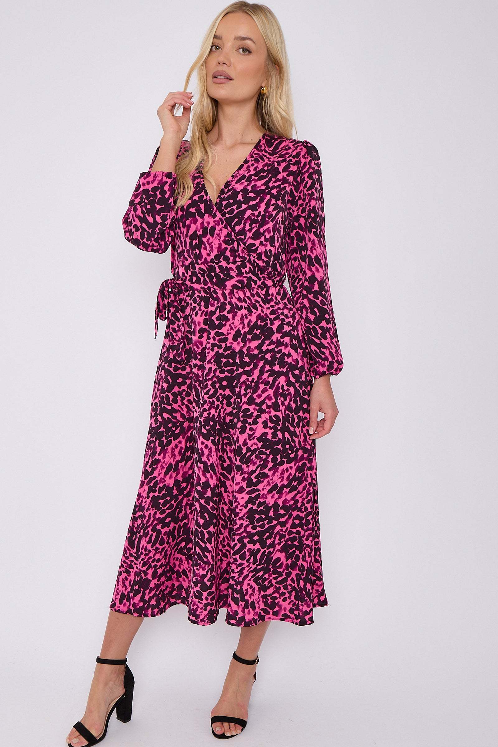 Fuchsia Leopard Printed V Neck Midi Dress LS-2258-GH10