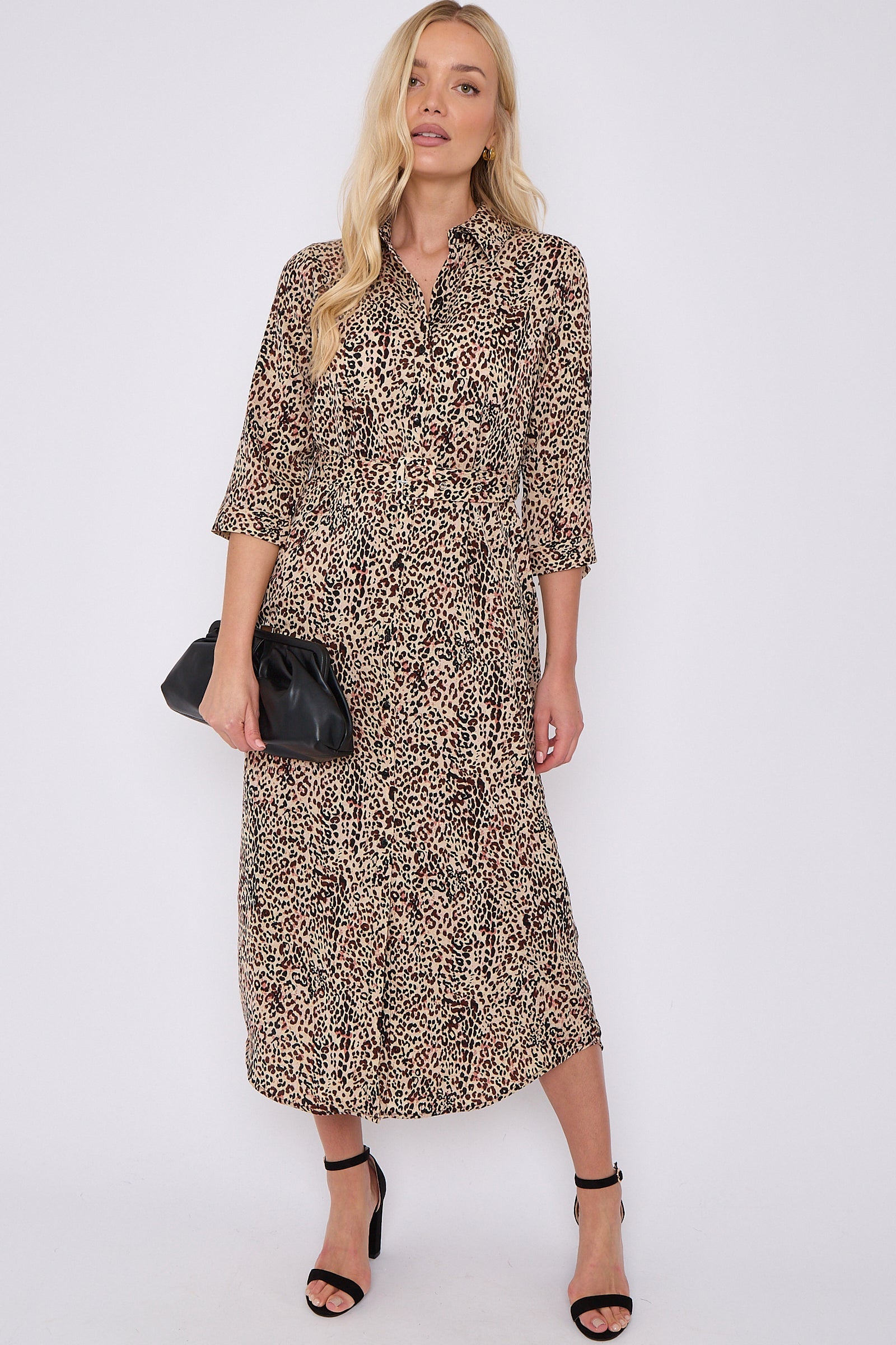 Brown Leopard Print Half Sleeve Belted Maxi Shirt Dress LS-2417-CN4