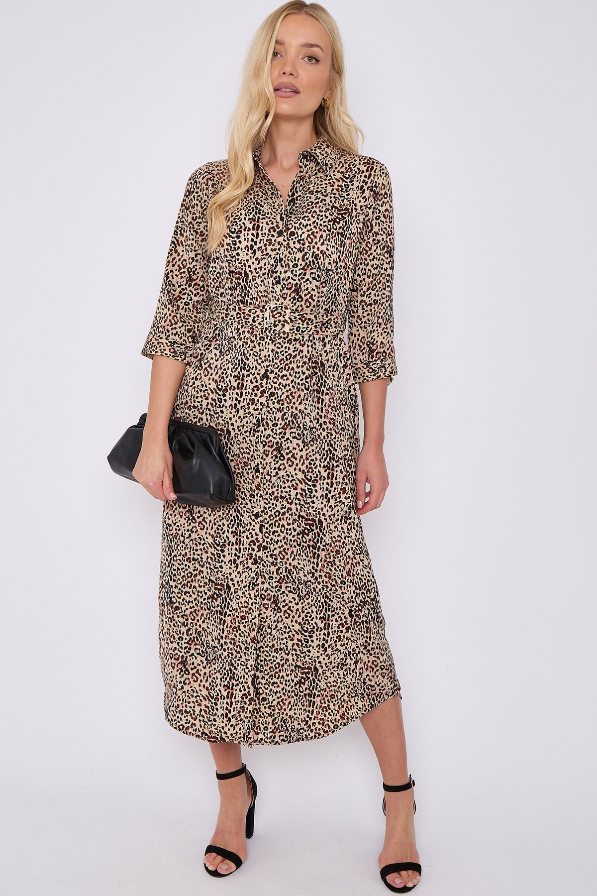 Brown Leopard Print Half Sleeve Belted Maxi Shirt Dress LS-2417-CN4