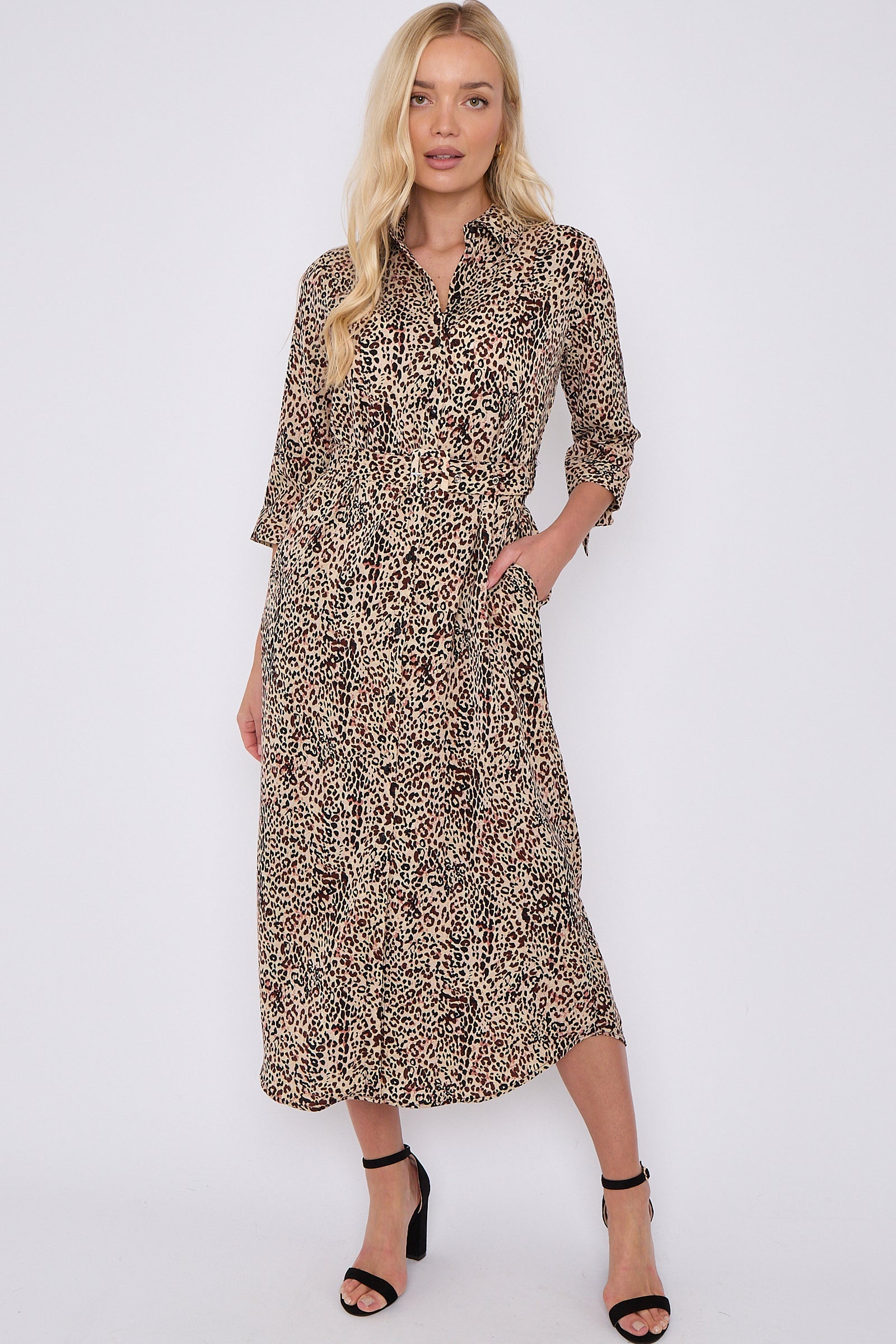 Brown Leopard Print Half Sleeve Belted Maxi Shirt Dress LS-2417-CN4