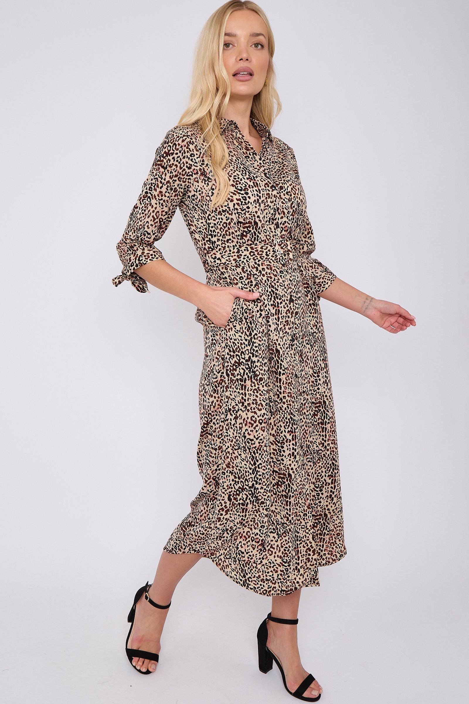 Brown Leopard Print Half Sleeve Belted Maxi Shirt Dress LS-2417-CN4