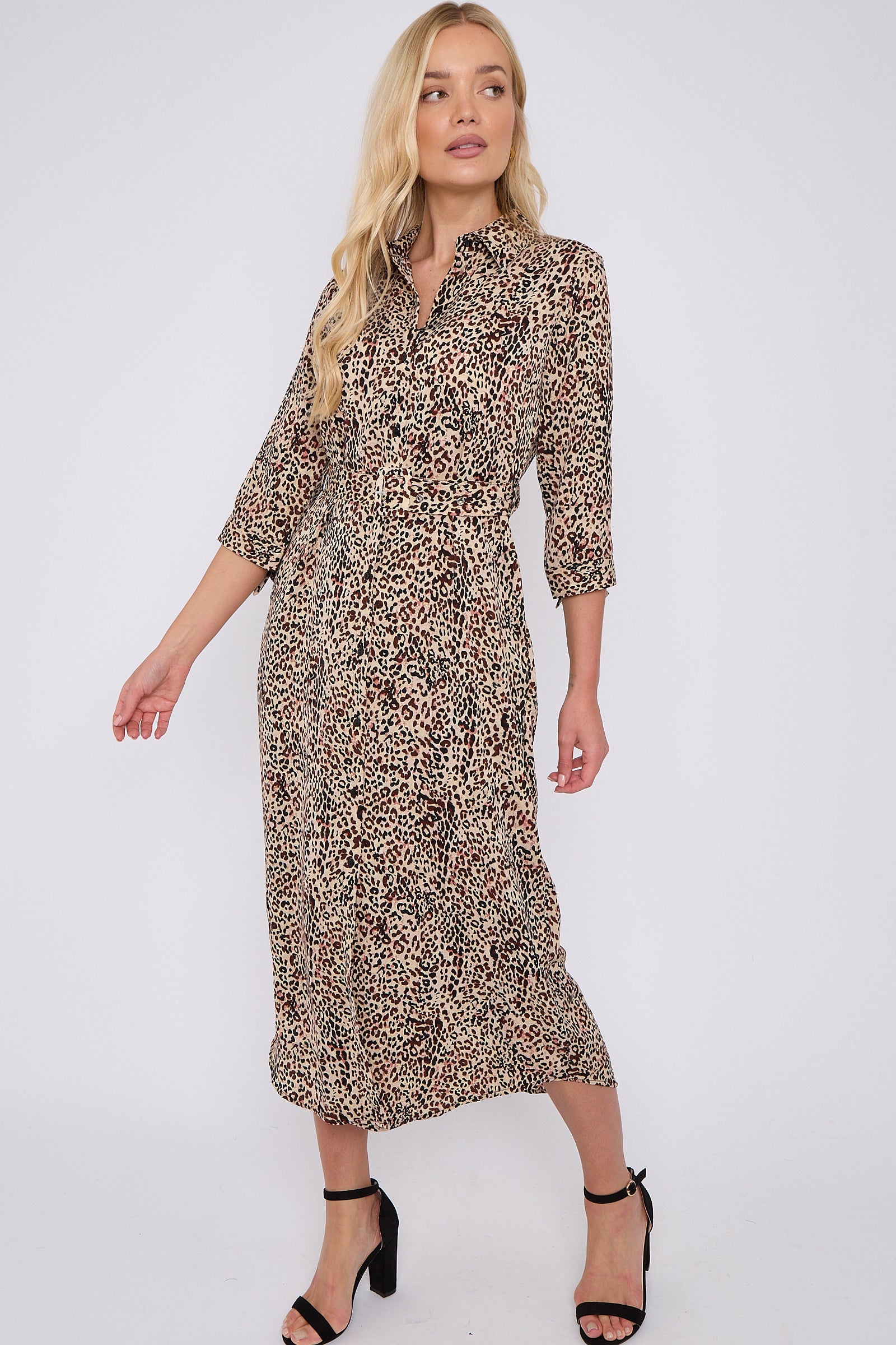 Brown Leopard Print Half Sleeve Belted Maxi Shirt Dress LS-2417-CN4