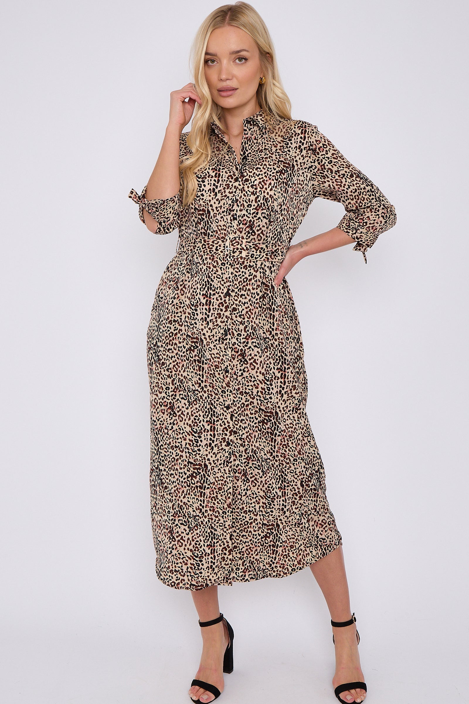 Brown Leopard Print Half Sleeve Belted Maxi Shirt Dress LS-2417-CN4