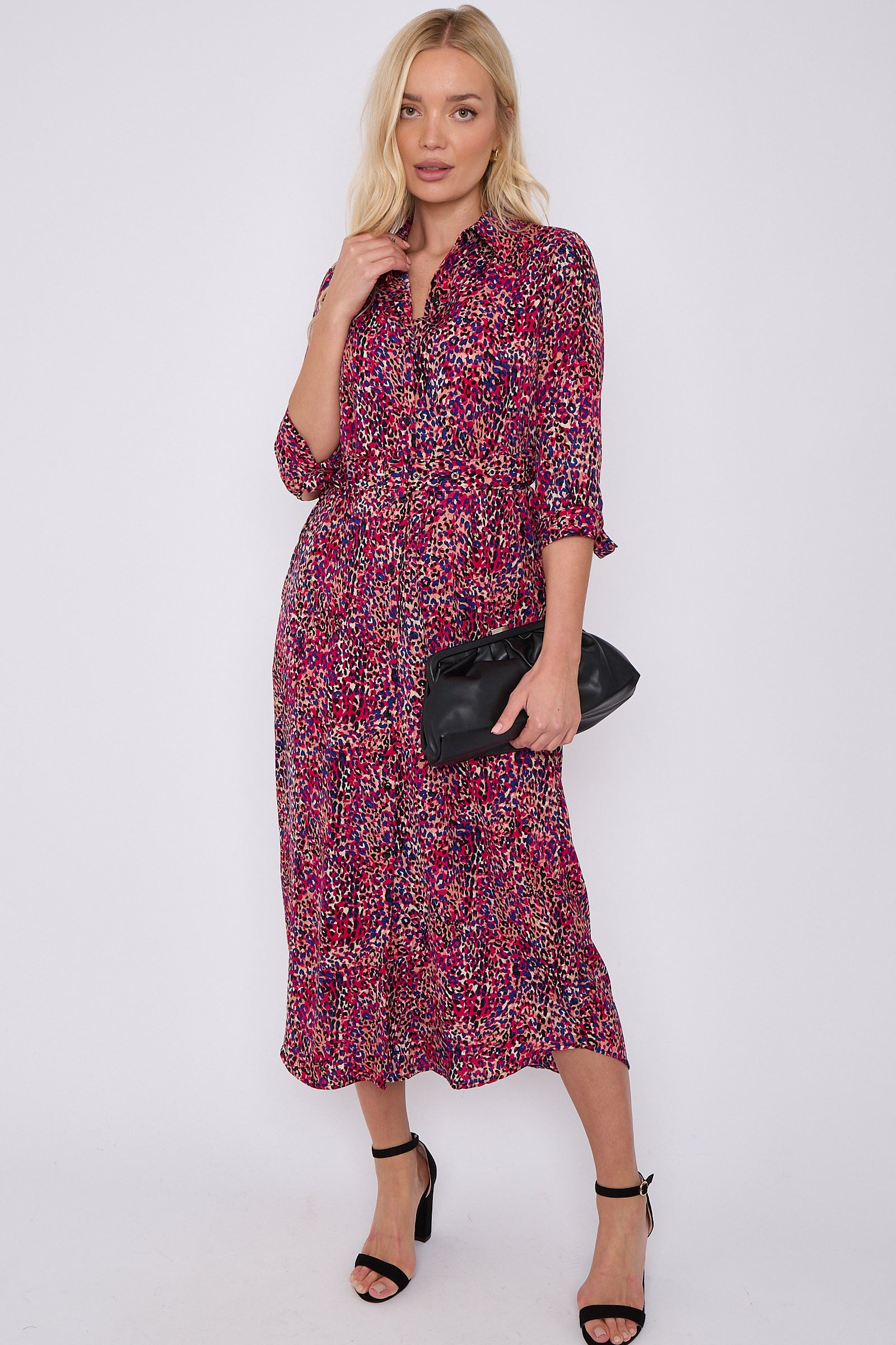 Purple Leopard Print Half Sleeve Belted Maxi Shirt Dress LS-2417-CN5