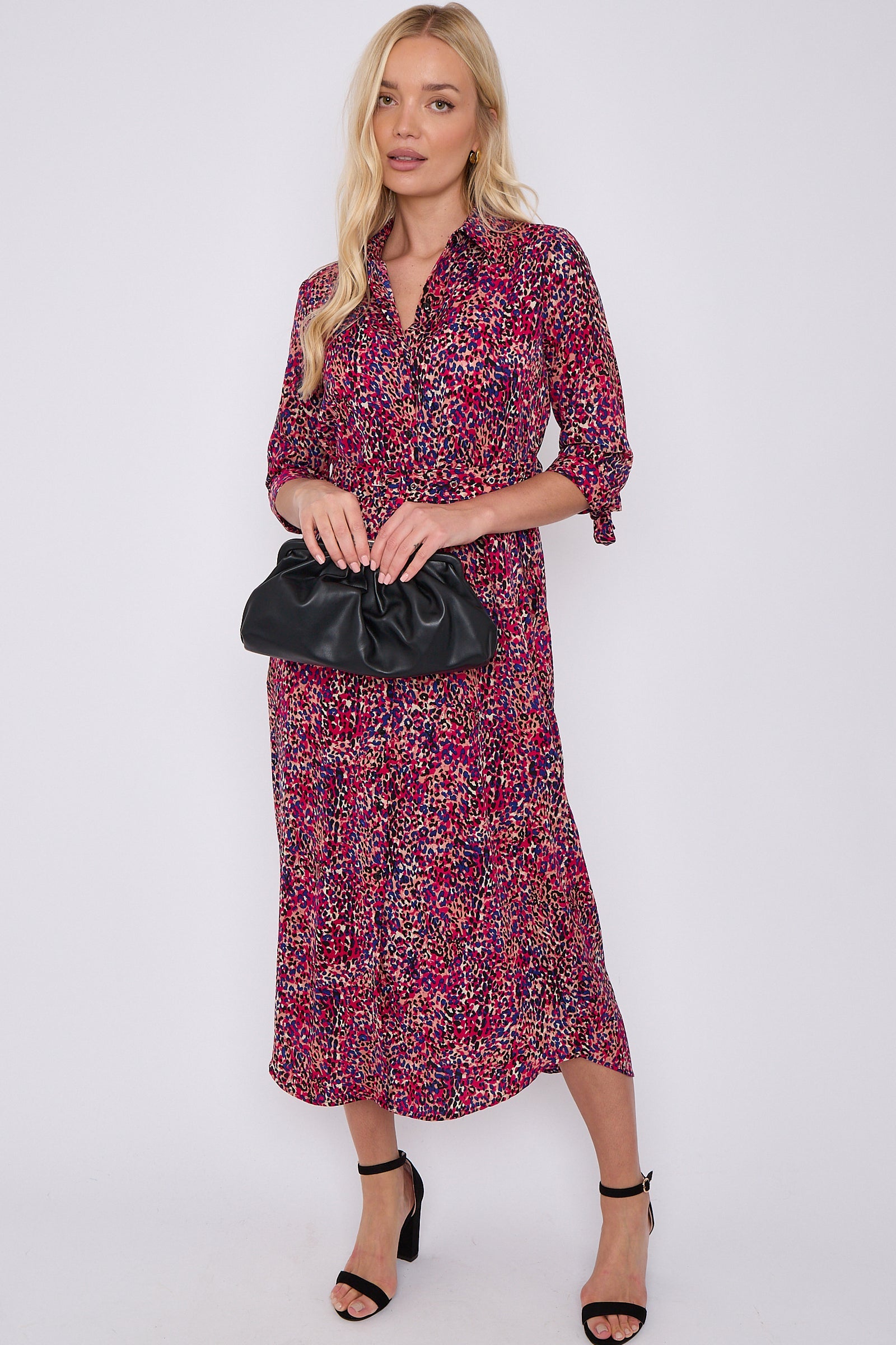 Purple Leopard Print Half Sleeve Belted Maxi Shirt Dress LS-2417-CN5