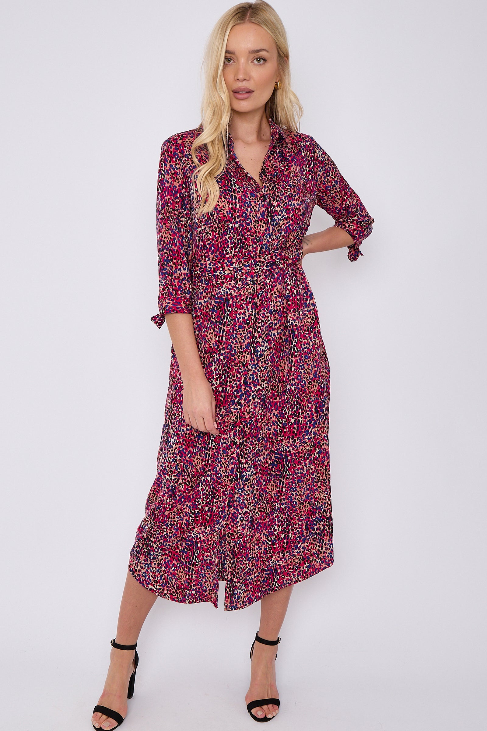 Purple Leopard Print Half Sleeve Belted Maxi Shirt Dress LS-2417-CN5