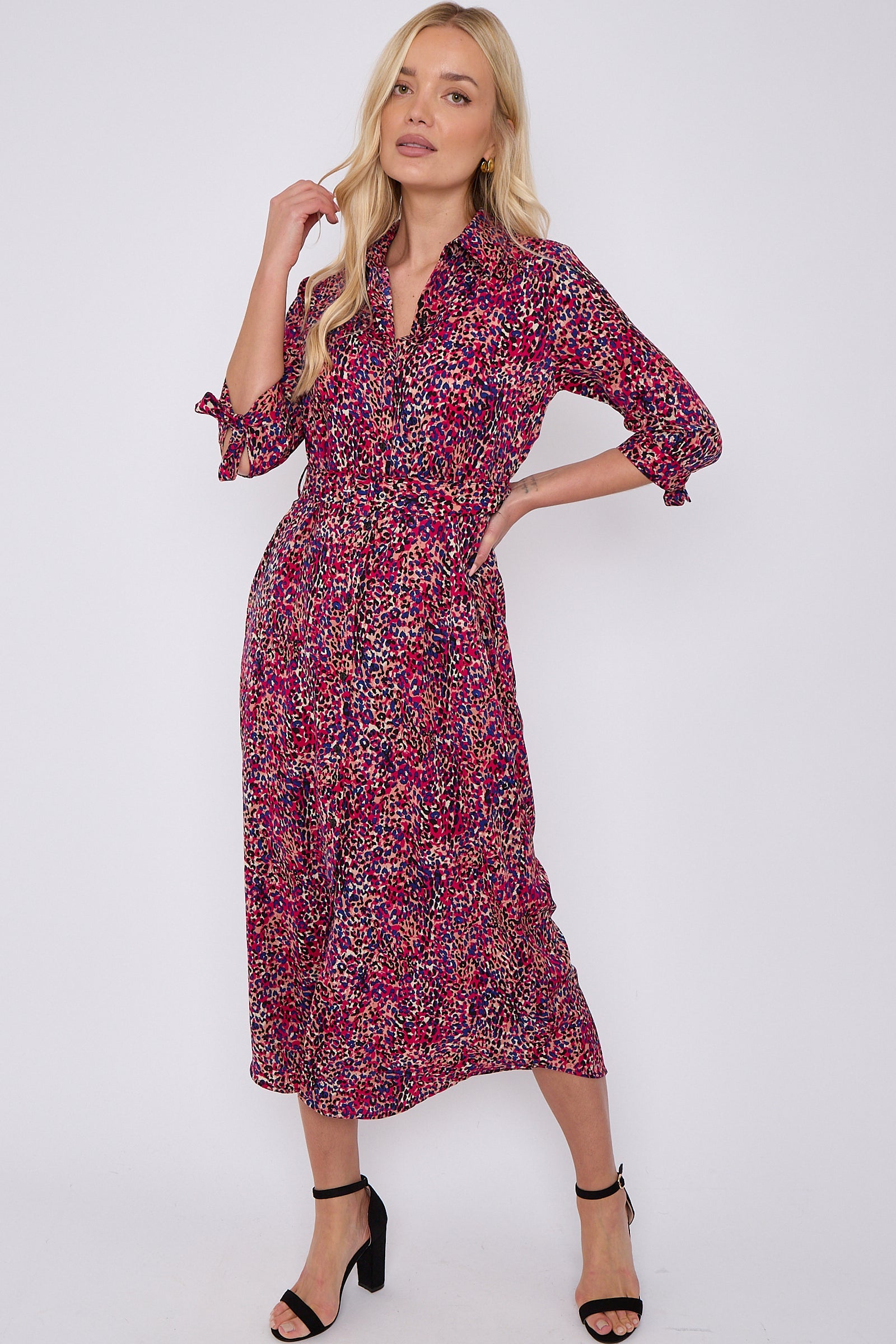 Purple Leopard Print Half Sleeve Belted Maxi Shirt Dress LS-2417-CN5