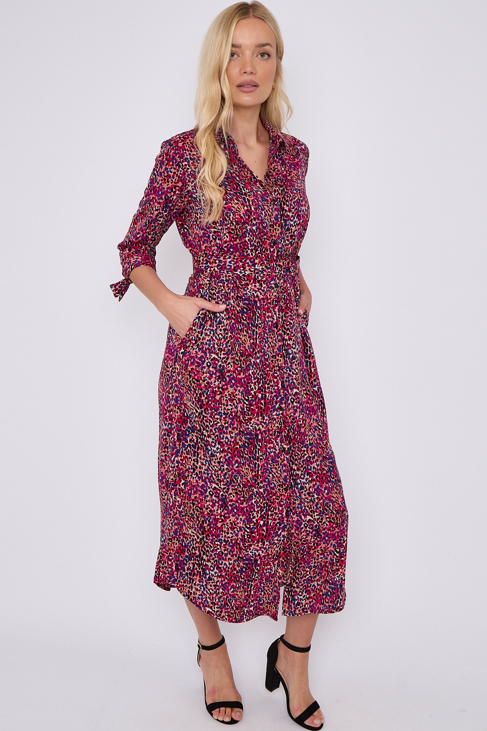 Purple Leopard Print Half Sleeve Belted Maxi Shirt Dress LS-2417-CN5