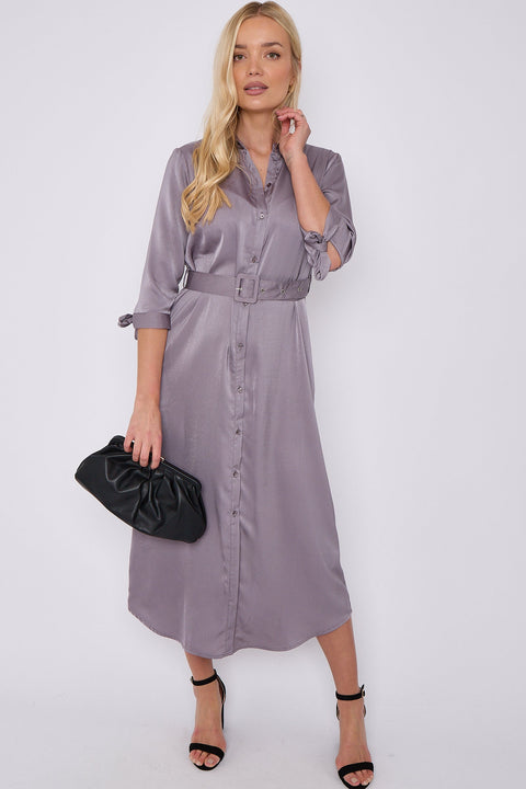 Grey Half Sleeve Belted Maxi Shirt Dress by LOVE SUNSHINE