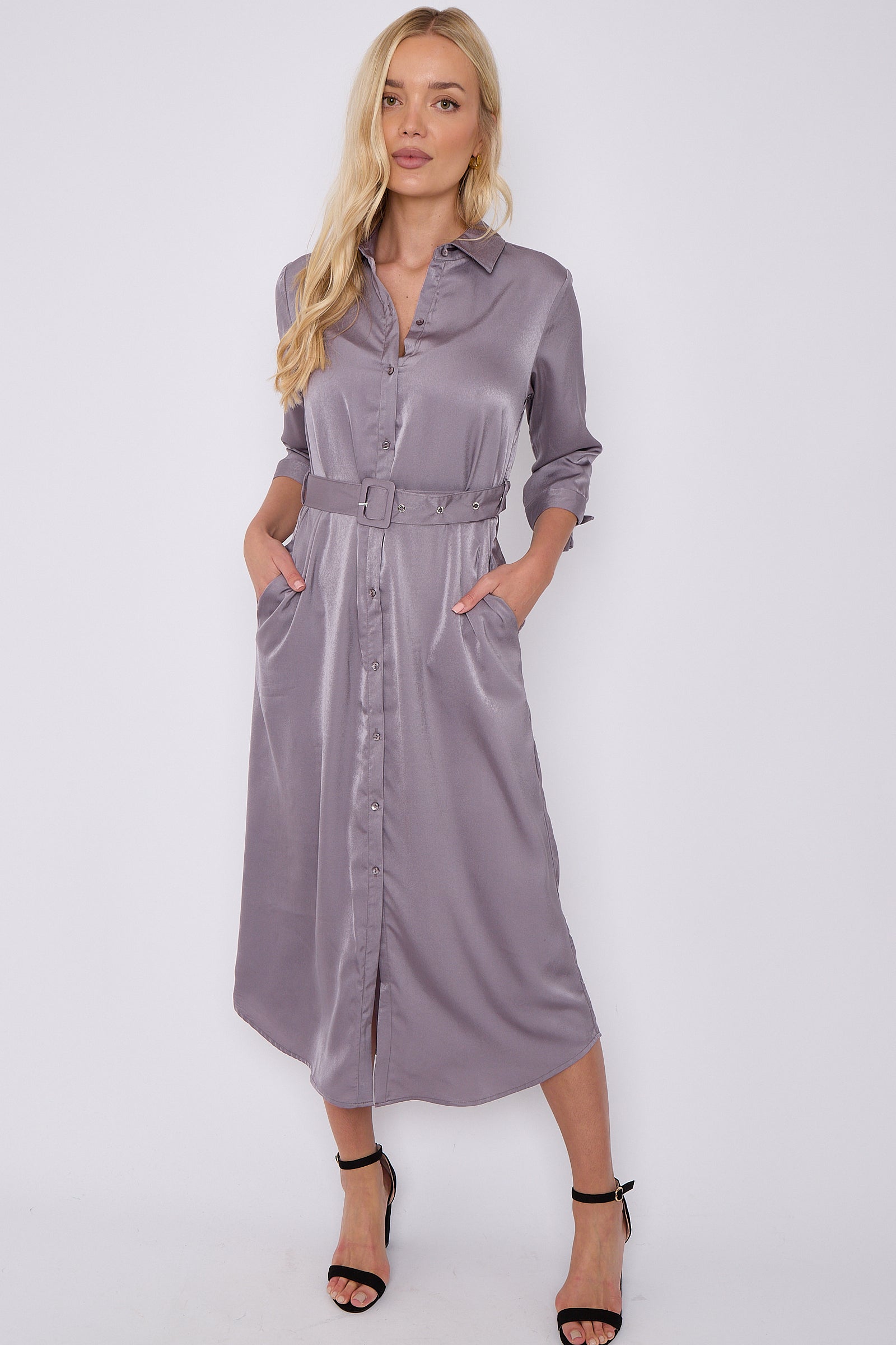 Grey Half Sleeve Belted Maxi Shirt Dress LS-2417-GD081-41