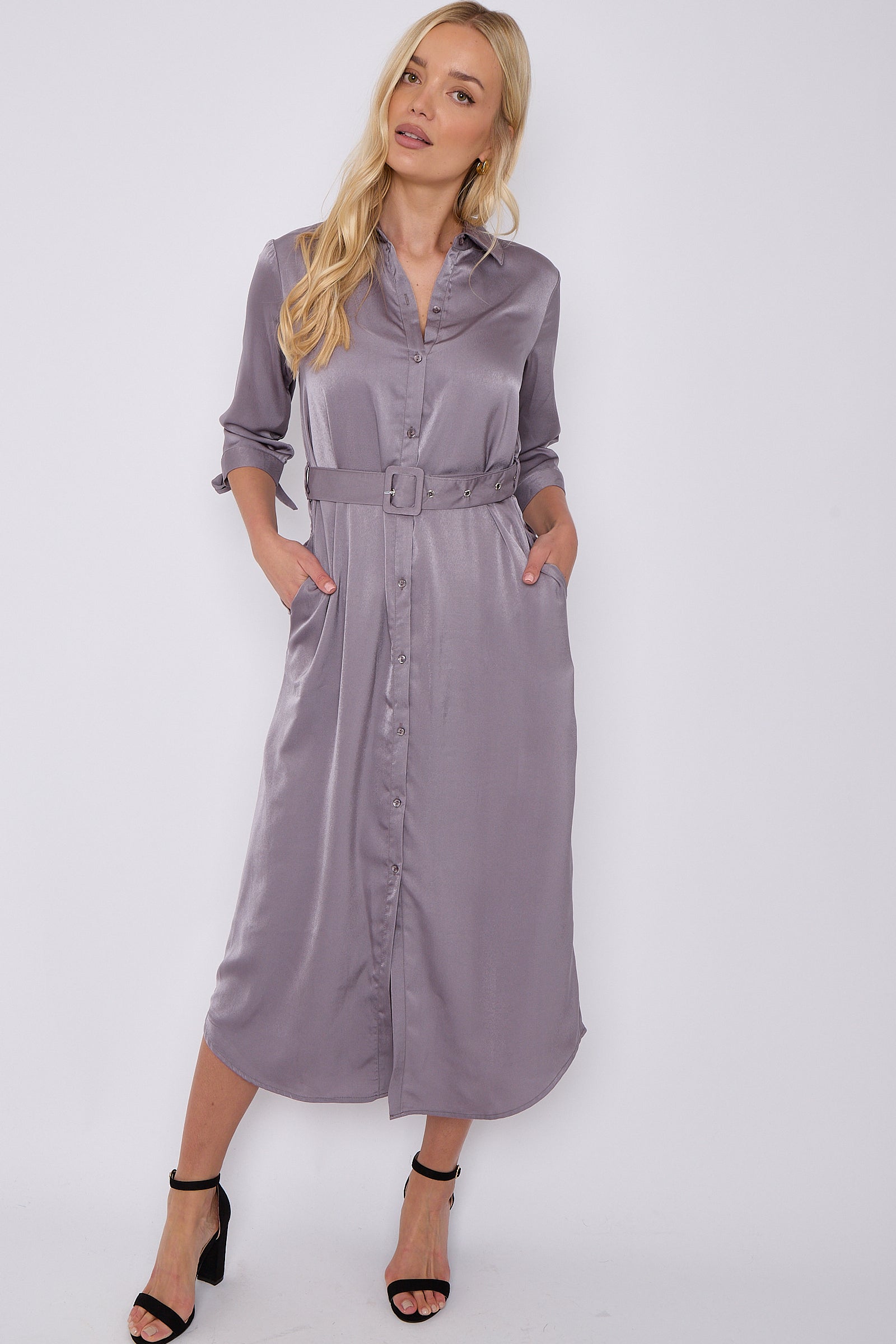 Grey Half Sleeve Belted Maxi Shirt Dress LS-2417-GD081-41