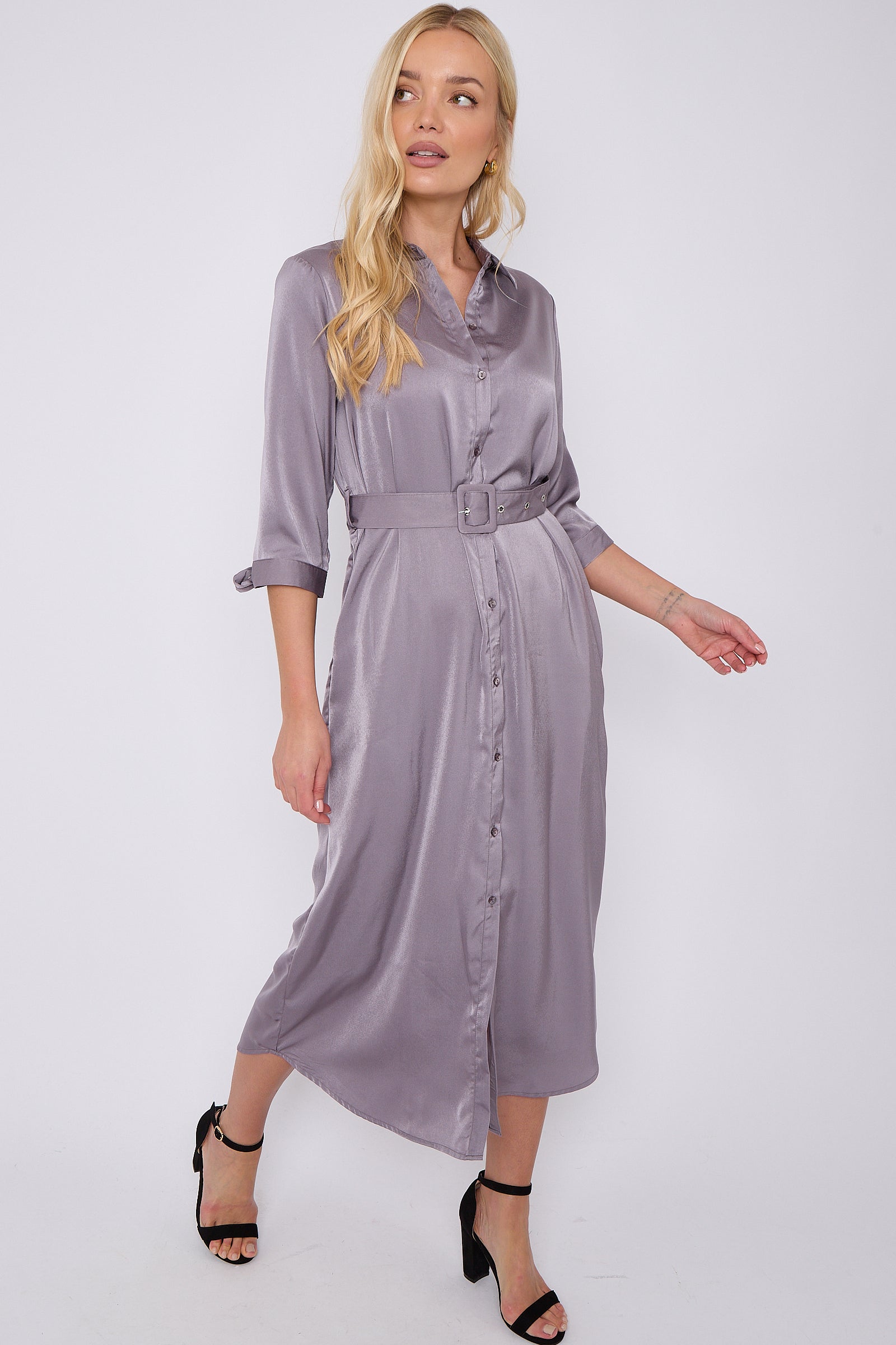 Grey Half Sleeve Belted Maxi Shirt Dress LS-2417-GD081-41