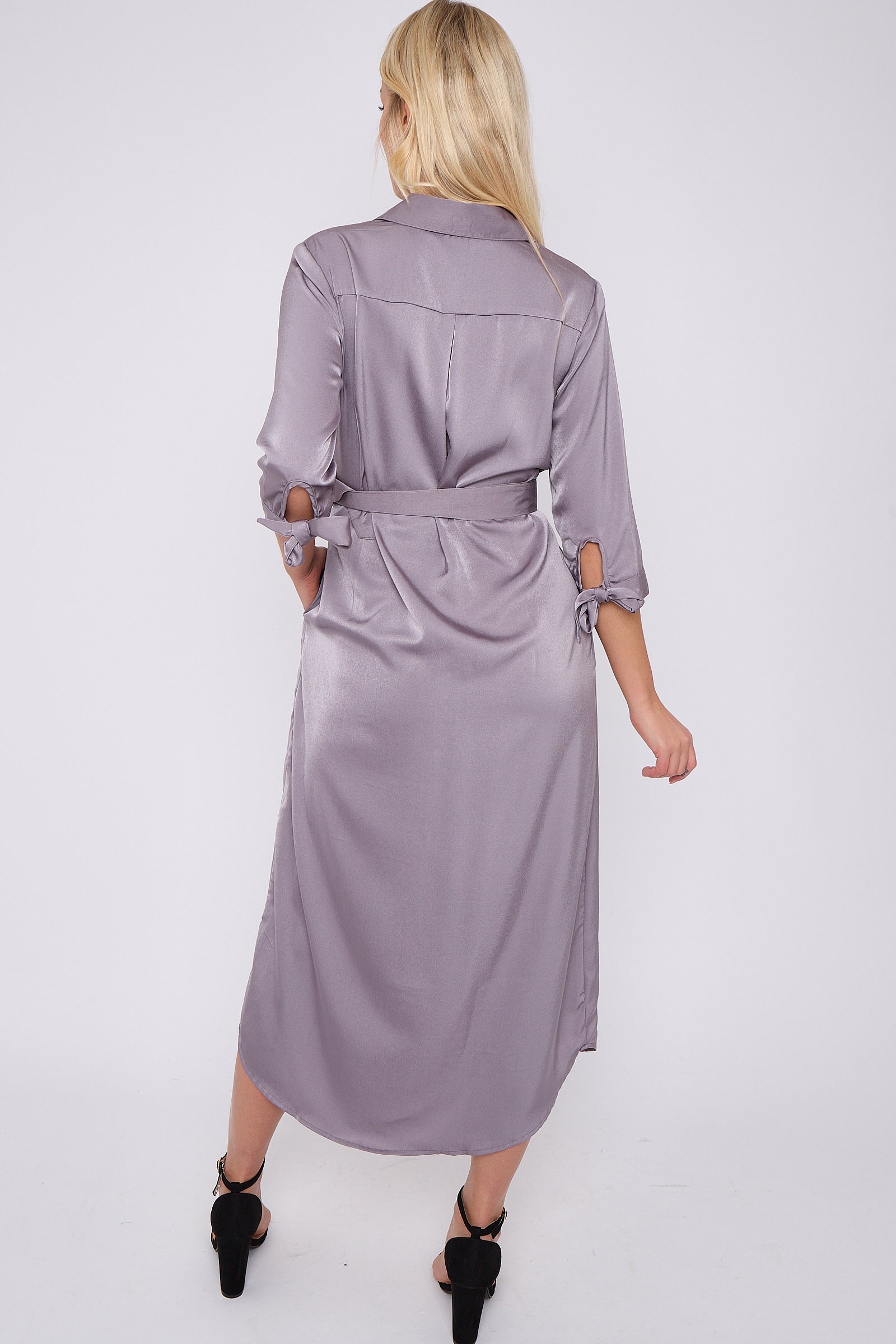 Grey Half Sleeve Belted Maxi Shirt Dress LS-2417-GD081-41