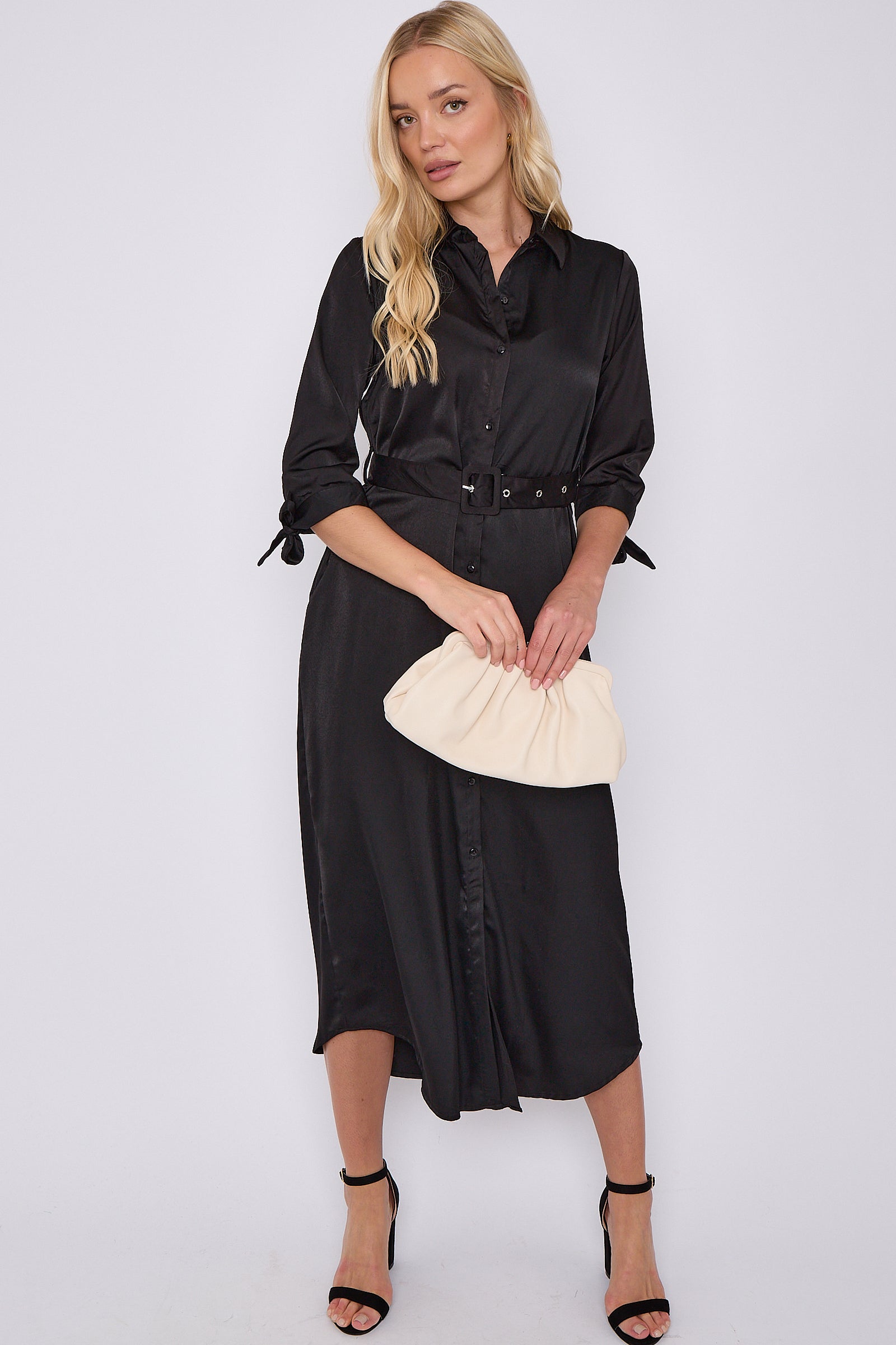 Black Half Sleeve Belted Maxi Shirt Dress LS-2417-GD081-172