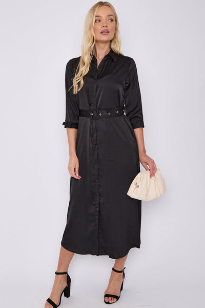Black - Black Half Sleeve Belted Maxi Shirt Dress by LOVE SUNSHINE