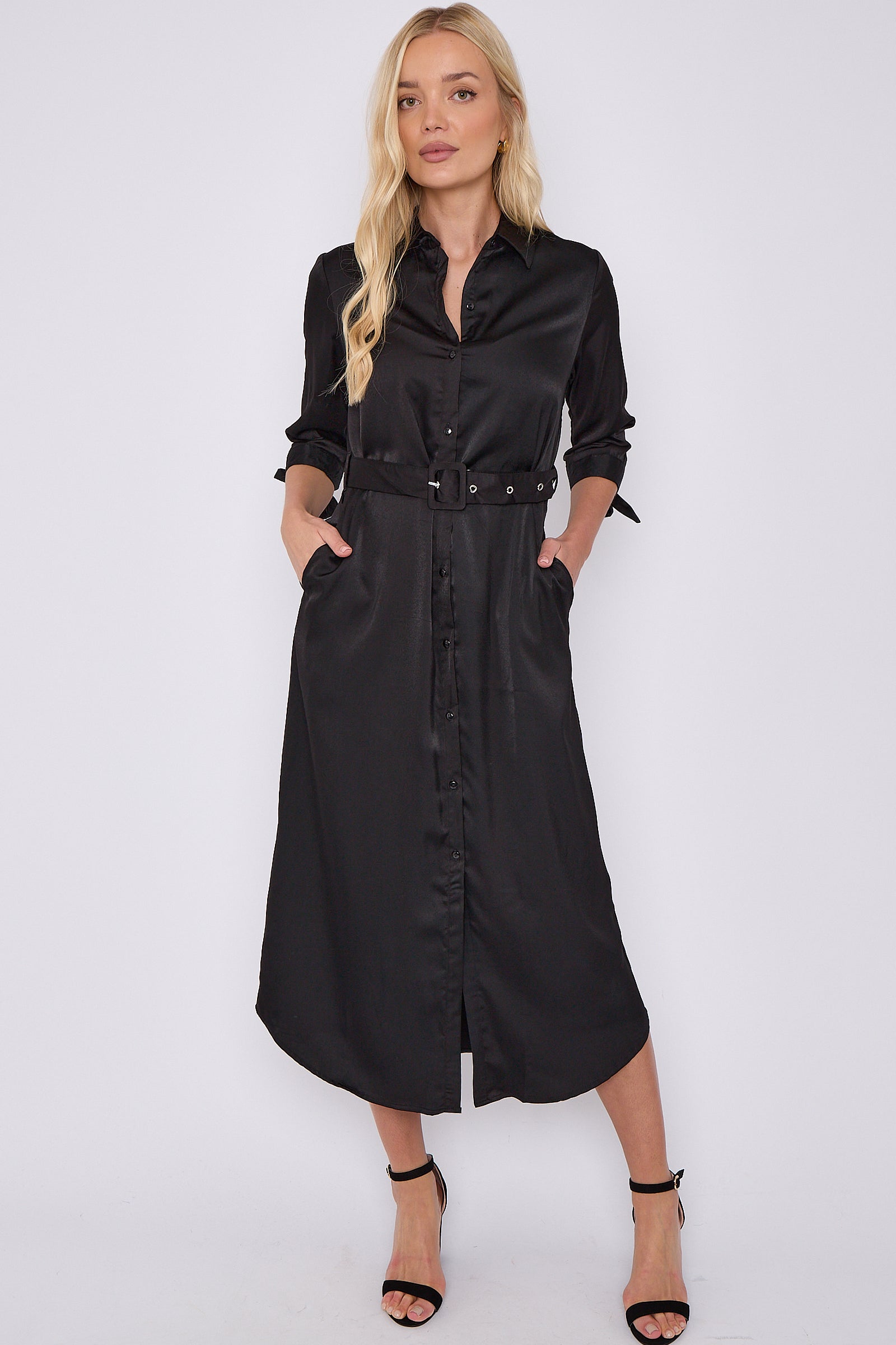 Black Half Sleeve Belted Maxi Shirt Dress LS-2417-GD081-172