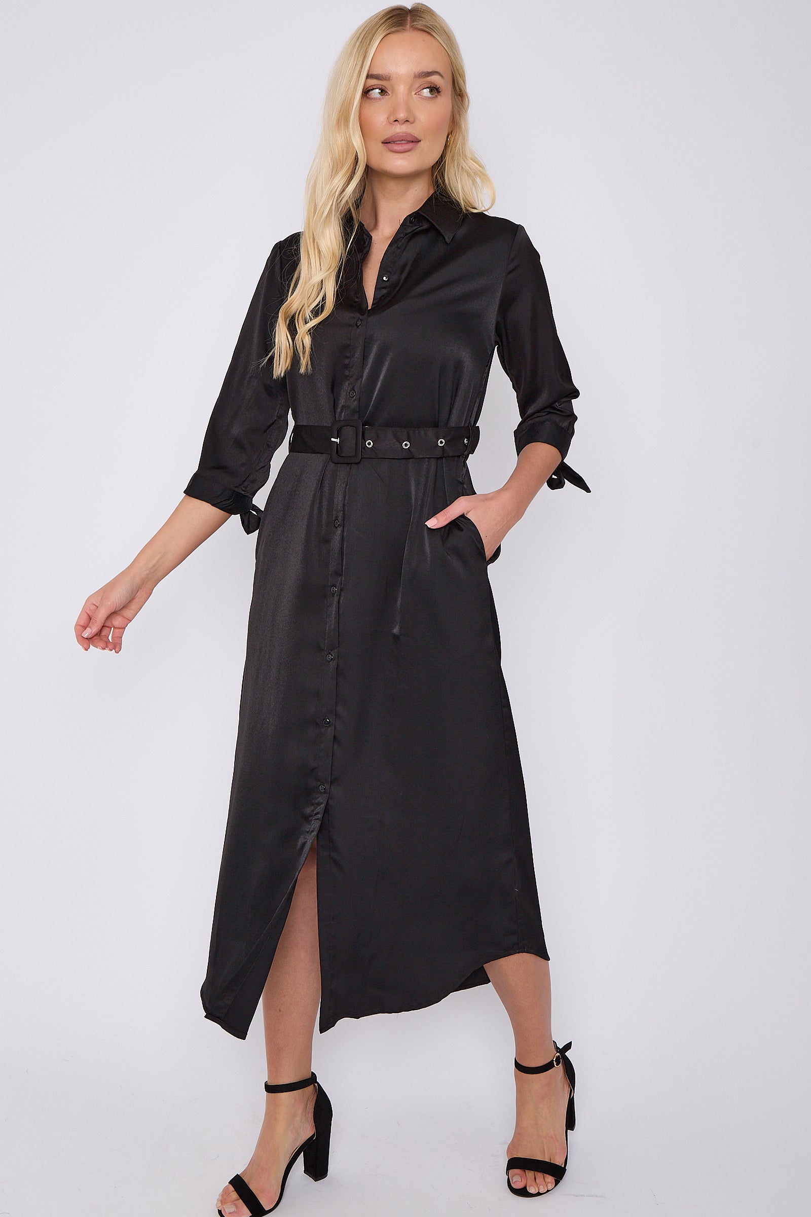 Black Half Sleeve Belted Maxi Shirt Dress LS-2417-GD081-172